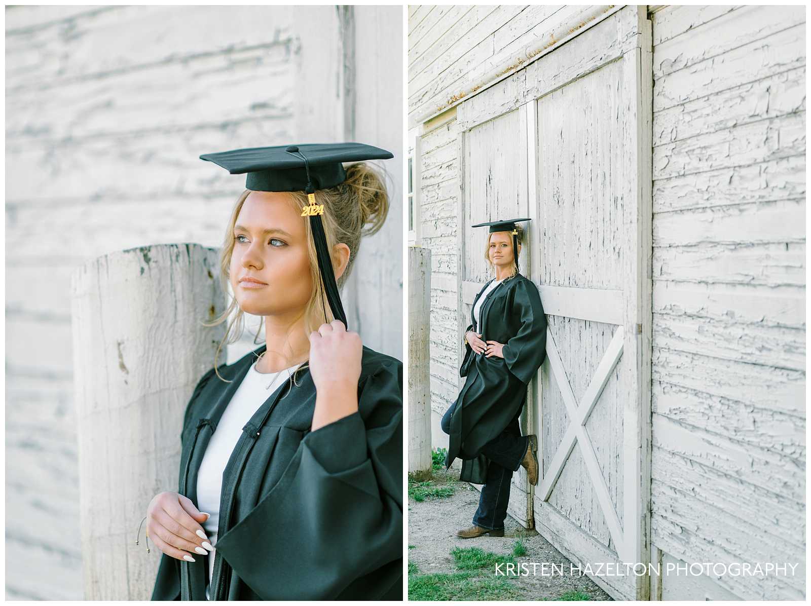 Girl wearing a graduation cap and gown outside a white barn with peeling paint at the Danada House in Wheaton IL