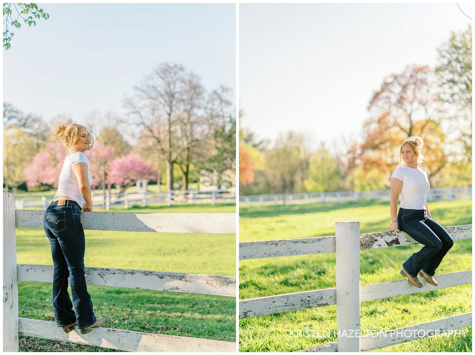 Danada House photos - a girl in a white t shirt and blue jeans smiling as she leans over a white picket fence.