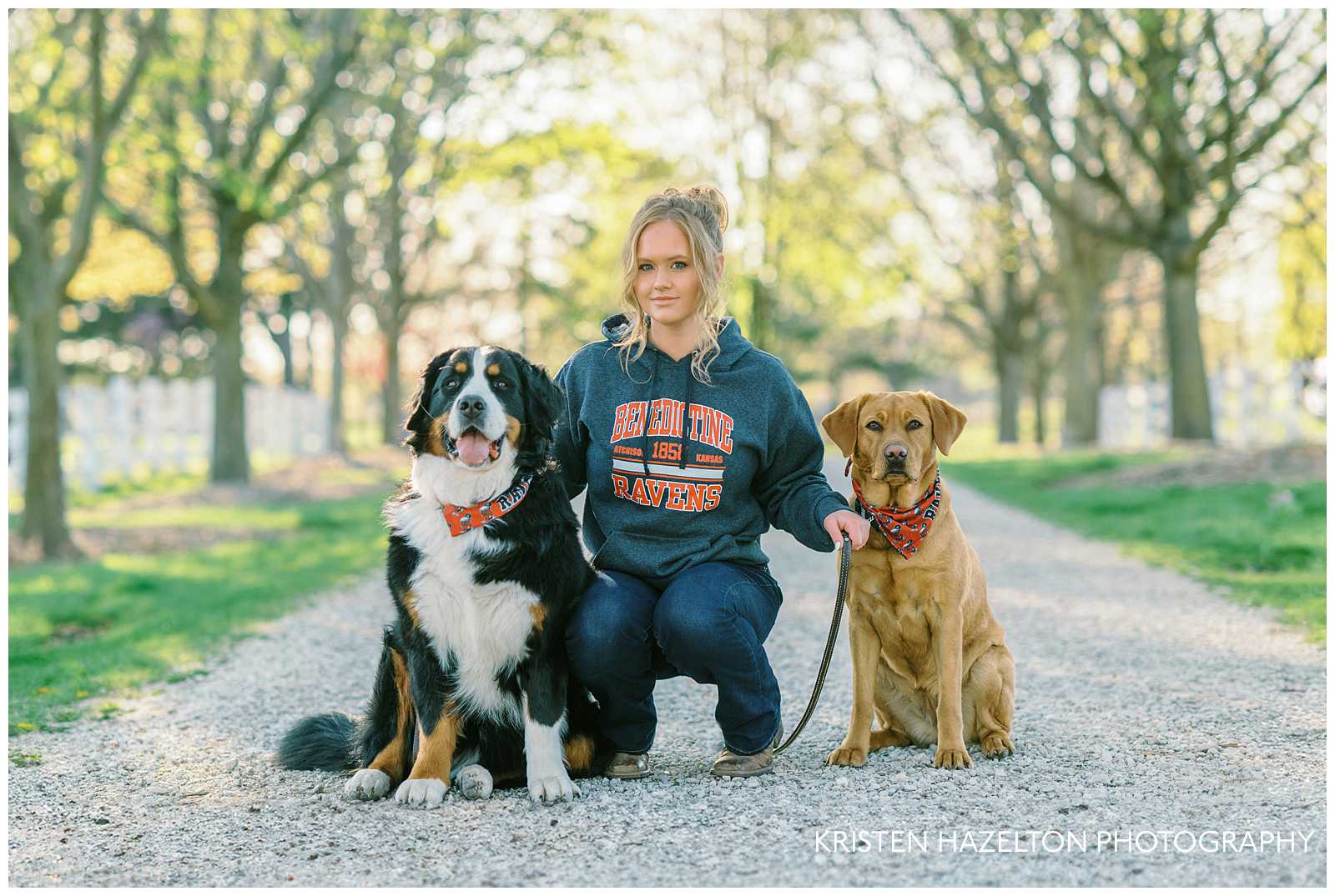 High school senior portrait with two dogs at the Danada Equestrian Center in Wheaton