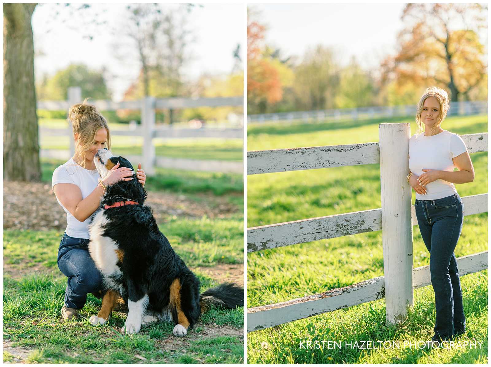 Girl in white shirt and blue jeans playing with her black dog in her Danada House photos by Chicago photographer Kristen Hazelton