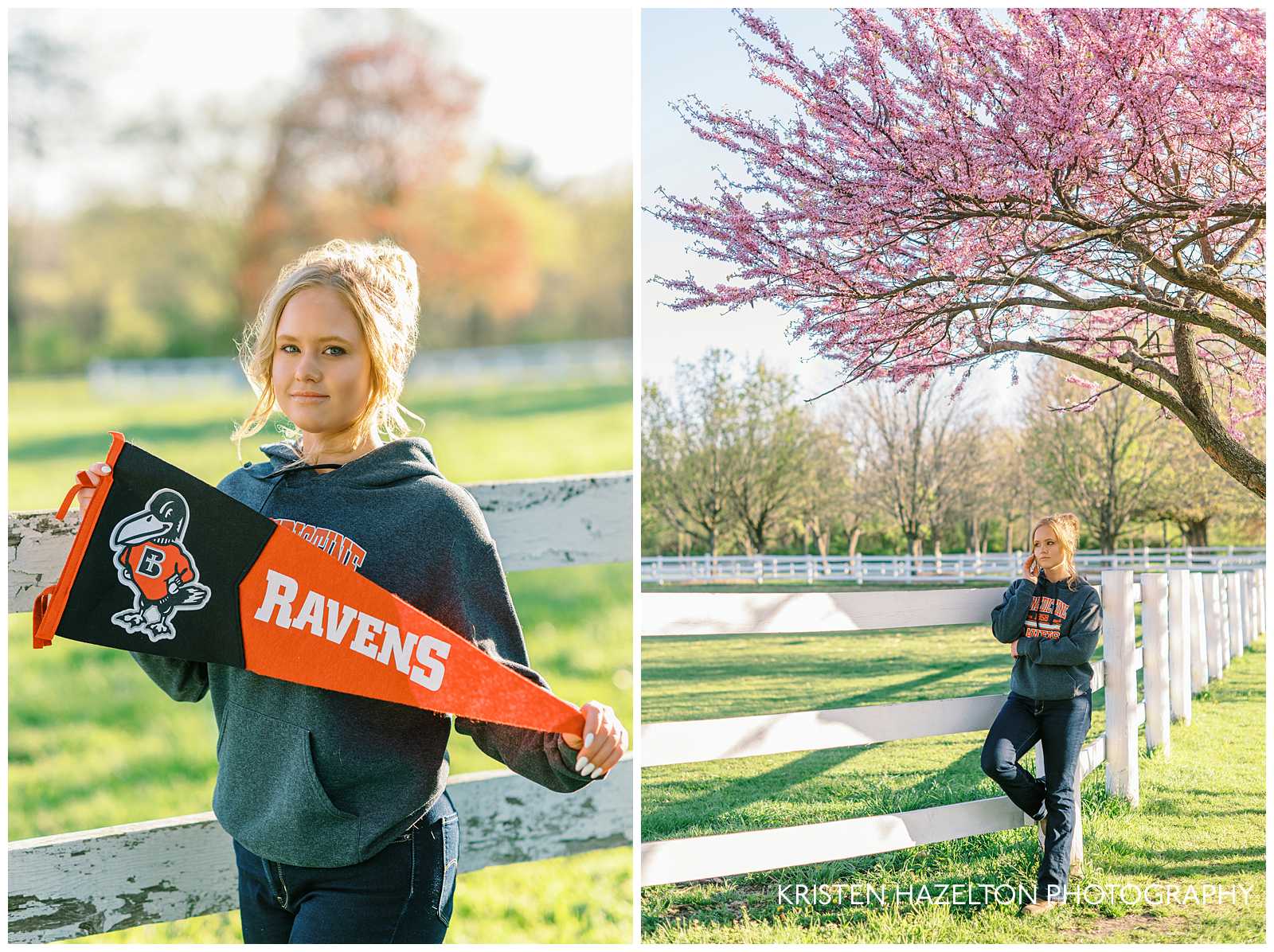 Girl showing off a pennant flag with her university at her senior photos at the Danada House and Equestrian Center in Wheaton.