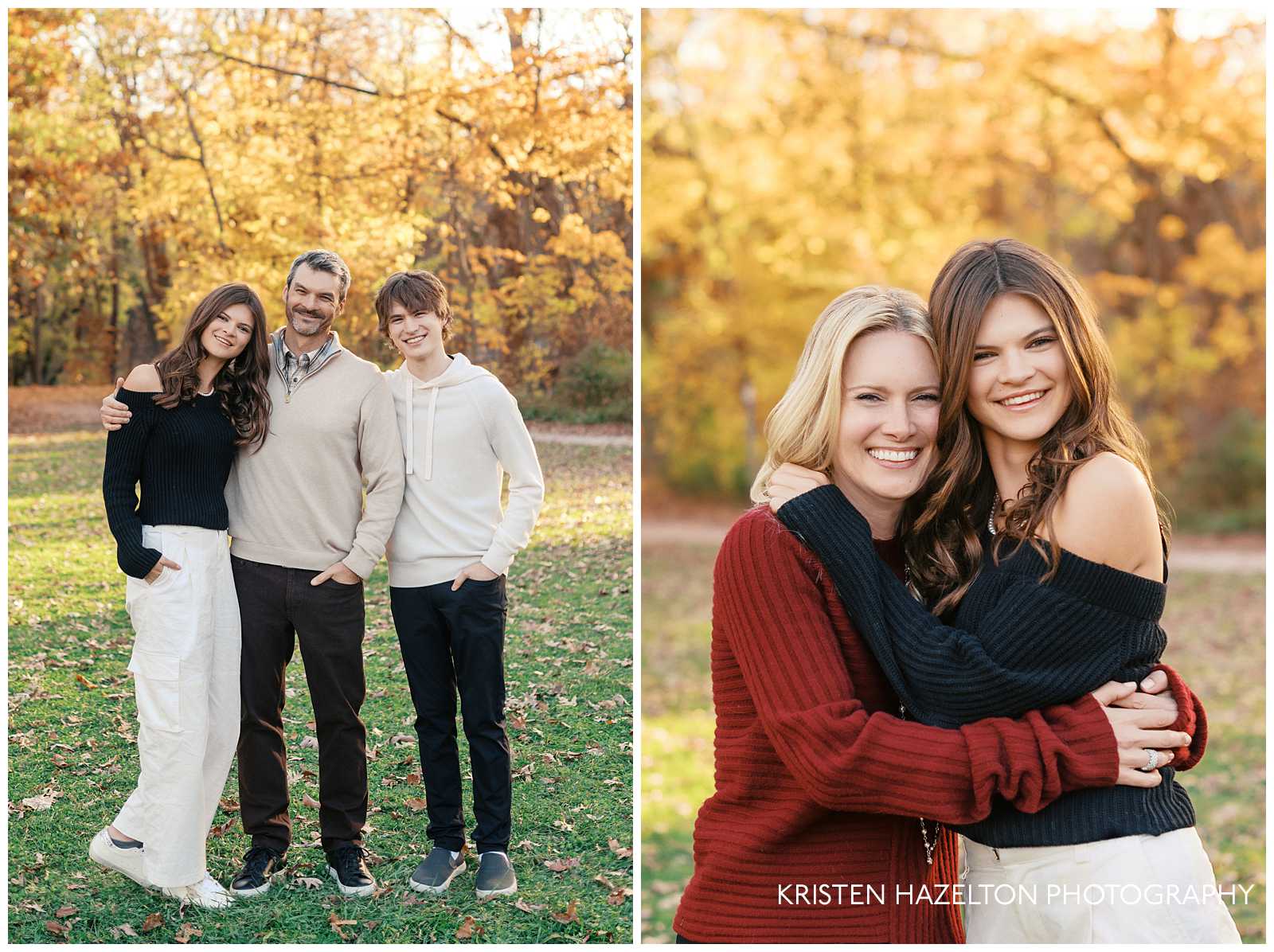 Father and his teenage daughter and son in the fall woods in Winnetka, IL