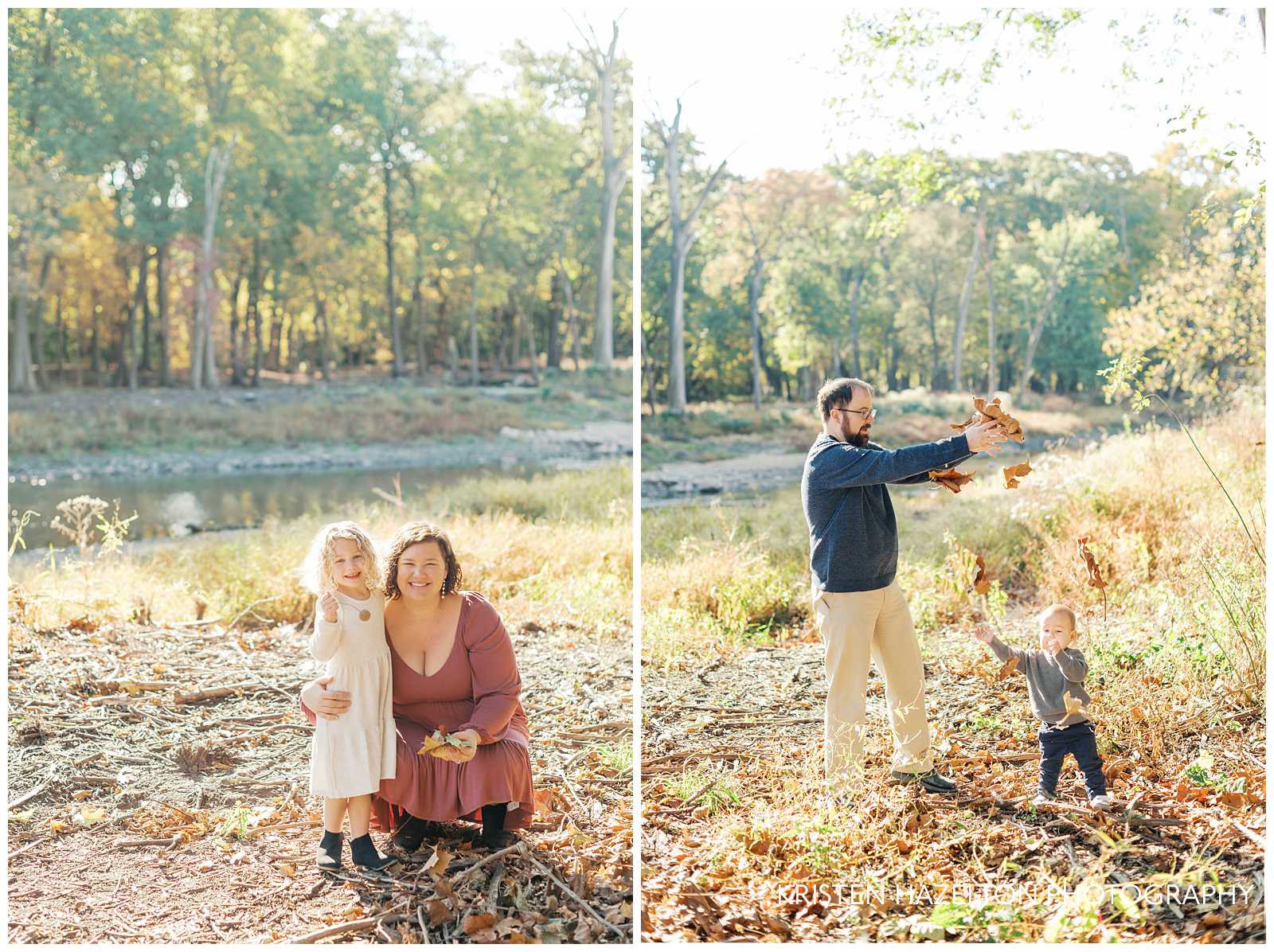 Family playing in the leaves next to the Salt Creek in Fullersburg Woods in Hinsdale, IL