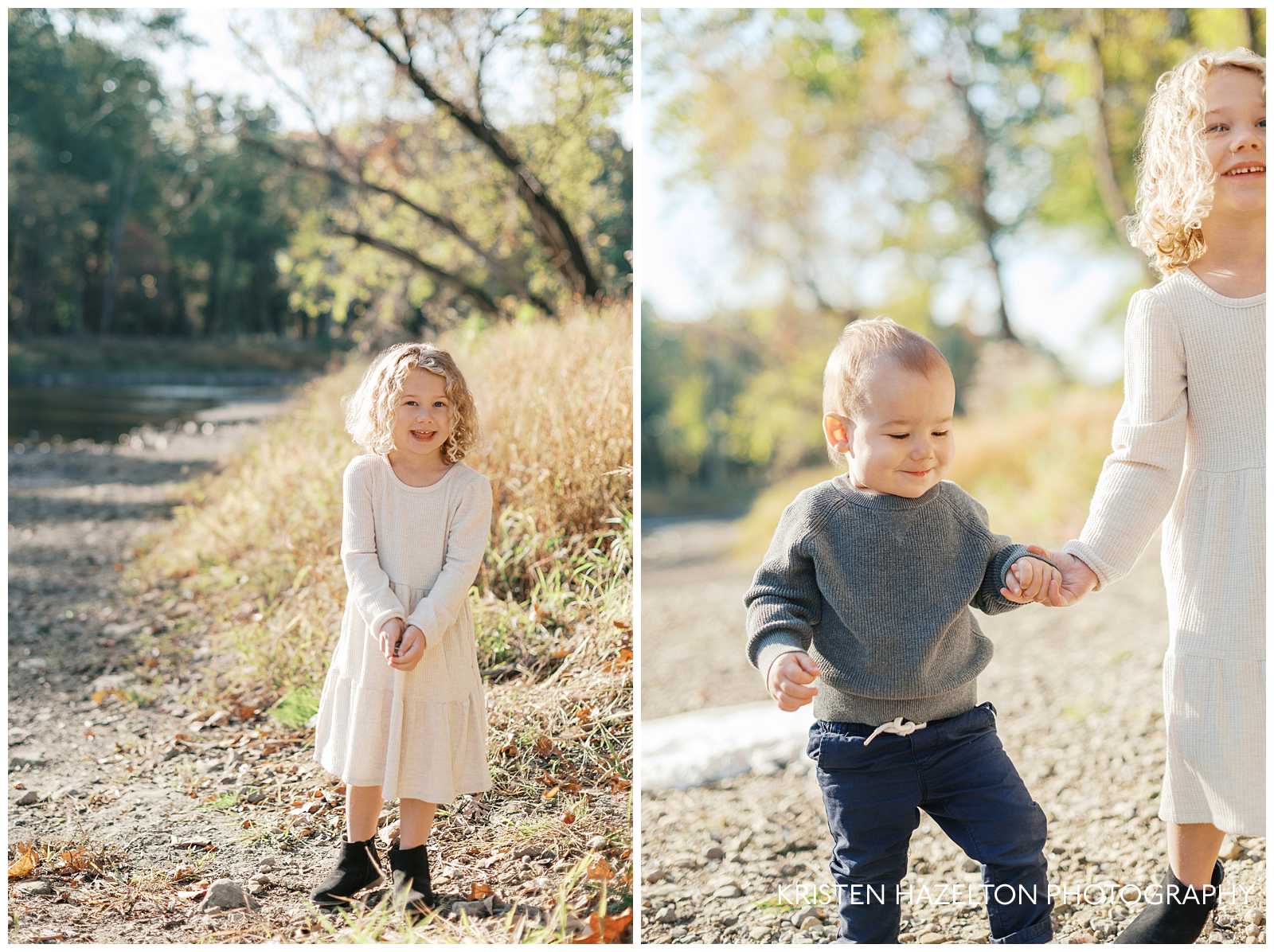 Little girl in a white dress standing next to a creek
