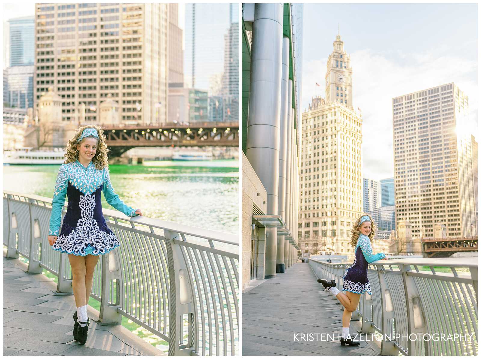 The green Chicago river with an dancer standing along the riverwalk for her Irish dance photos