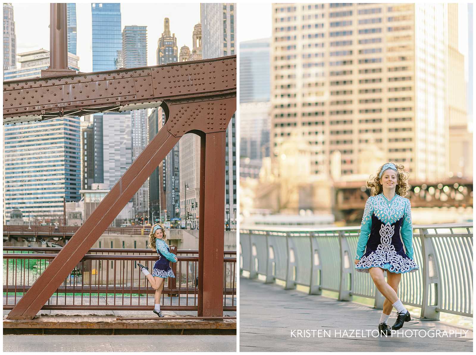 Irish dance photos in Chicago; a dancer poses with the green Chicago river in the background.