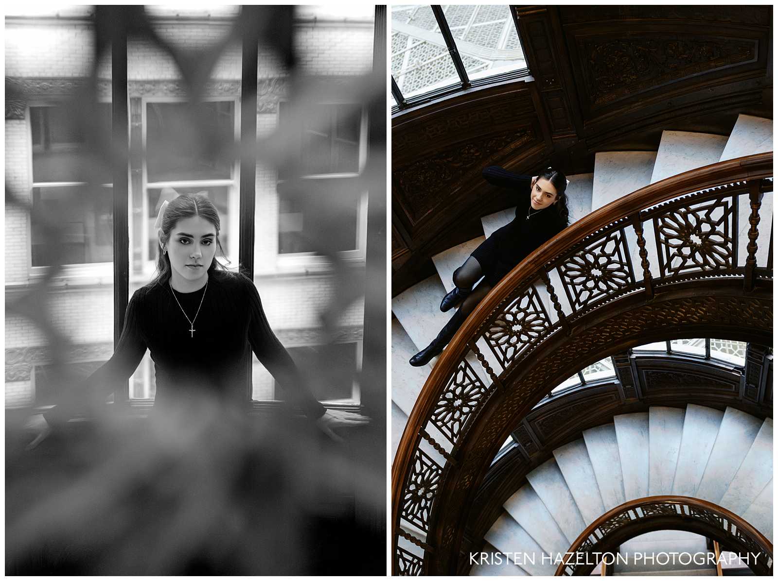 High school senior girl photos on a spiral staircase