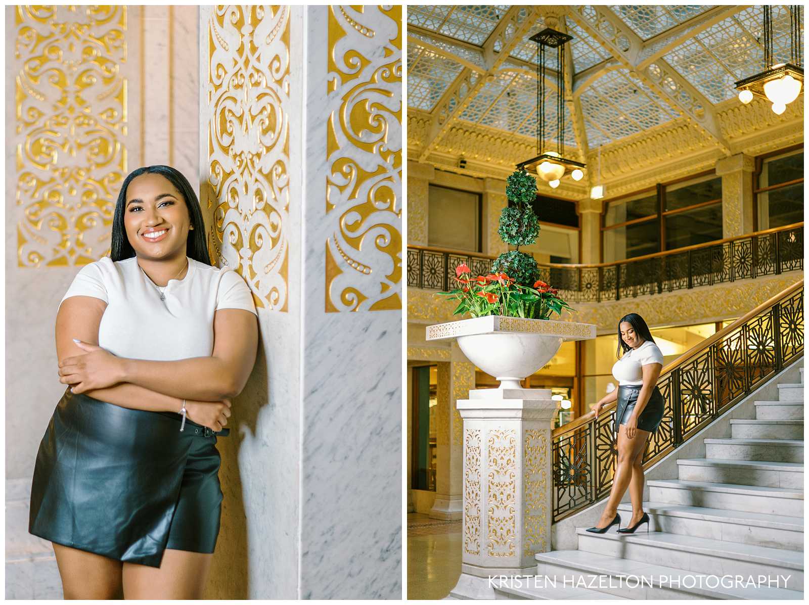 Graduation portraits at the Rookery Building Chicago IL; a young woman walks down the steps of the grand staircase of the Light Court