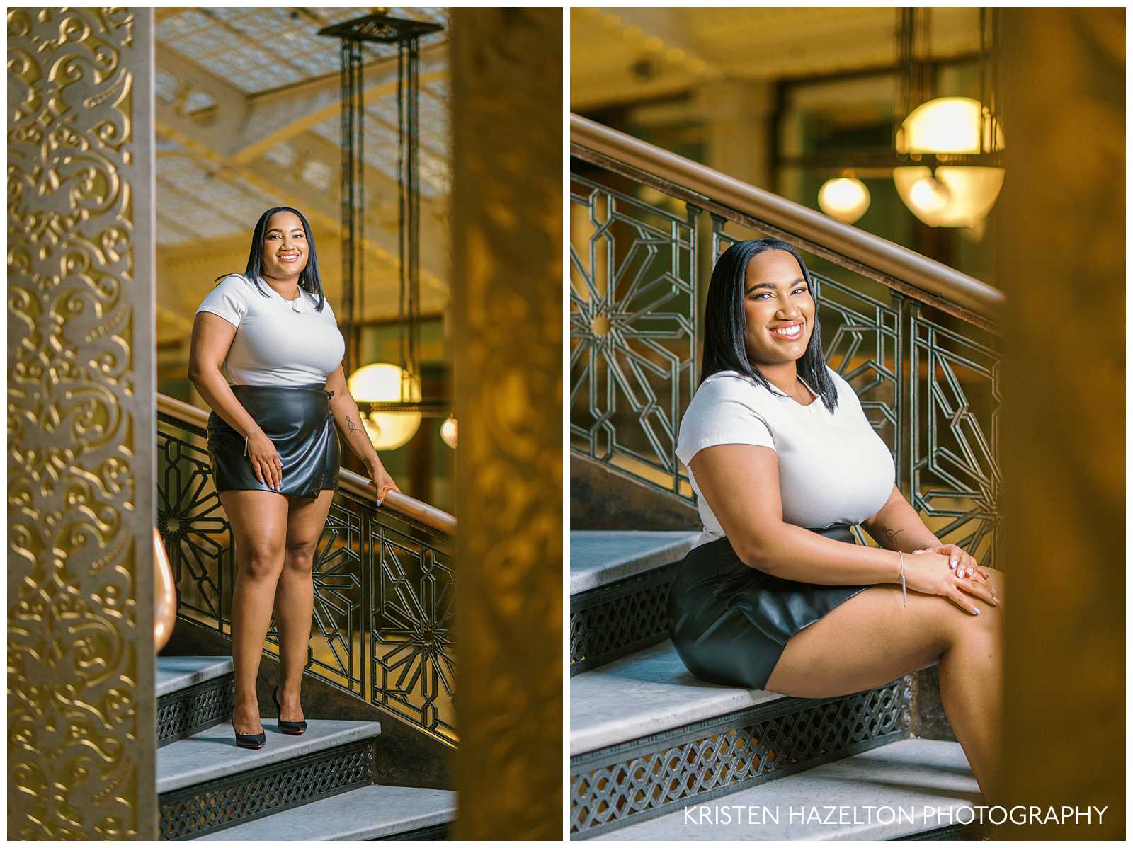 Woman standing and sitting on a staircase in the Light Court of the Rookery Building Chicago IL