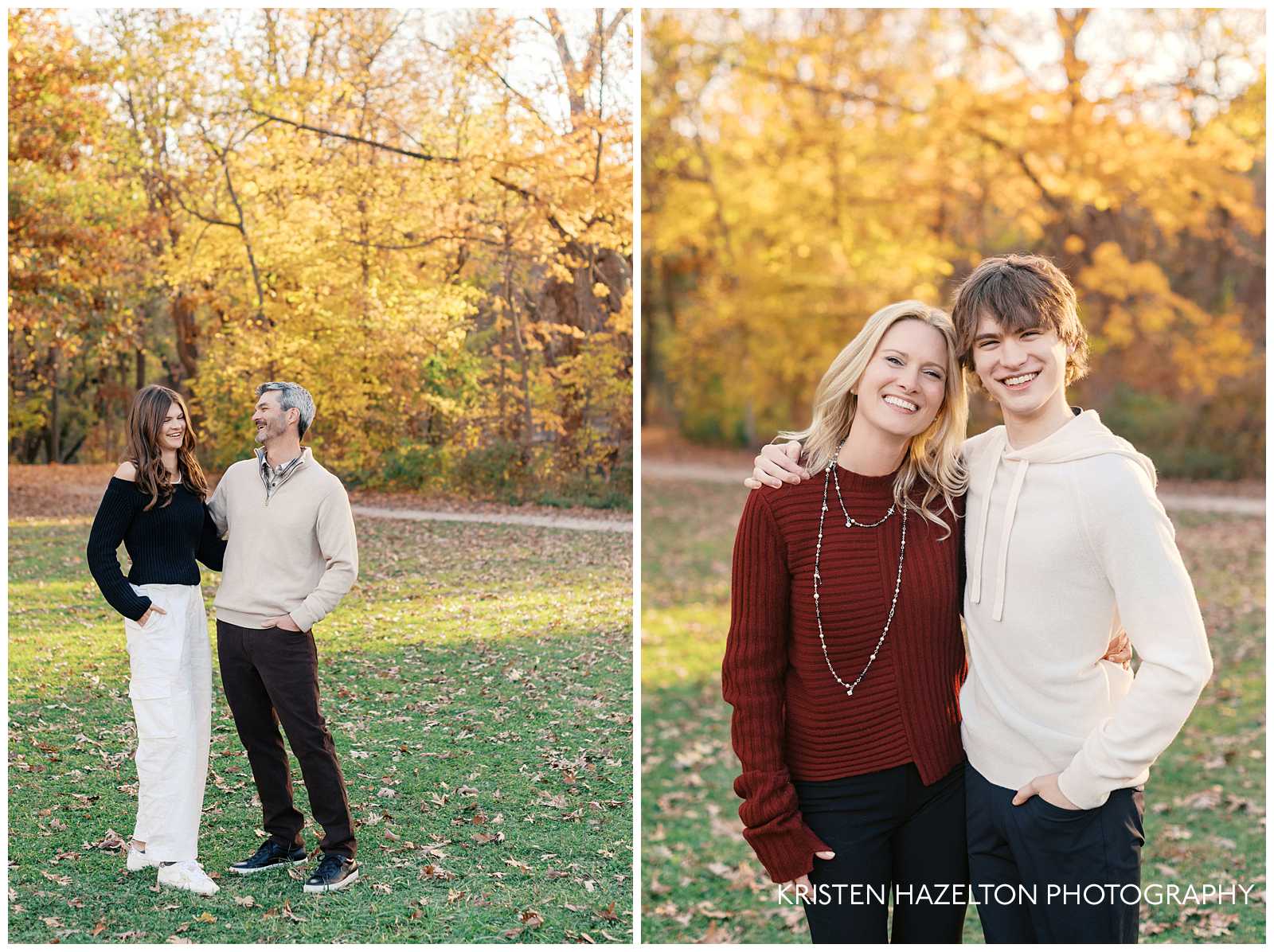 Smiling teenage kids and parents for their fall family photos by Evanston photographer Kristen Hazelton