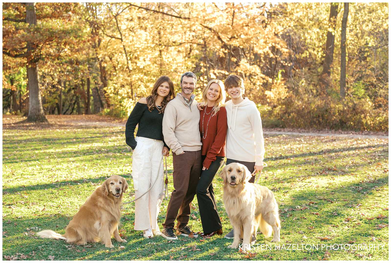 Family portraits with two golden retrievers. Photos by Evanston photographer Kristen Hazelton. 