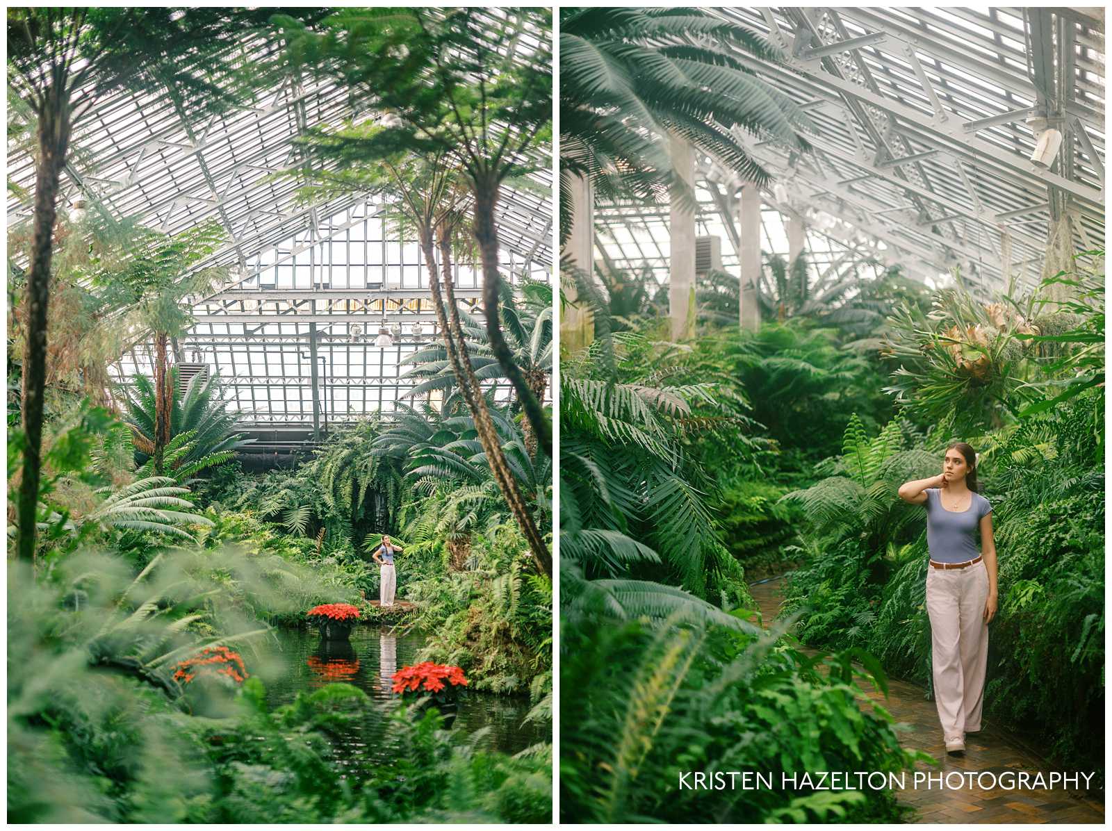 Girl in blue shirt and white pants walking through a greenhouse full of ferns