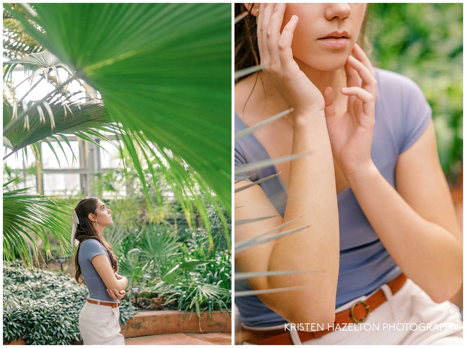 Garfield Park Conservatory photos; a girl in a blue shirt and white pants underneath a palm frond