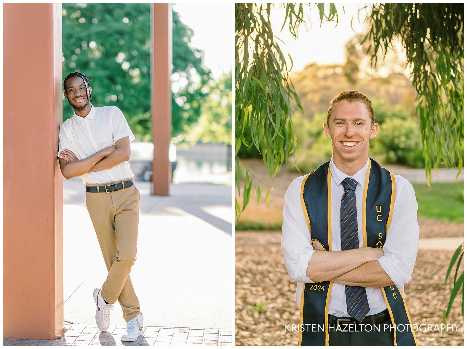 Posing for guys: man in khaki pants and white shirt crossing his arms and leaning against a pole. 