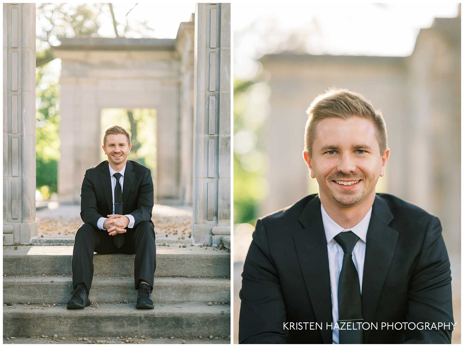 Posing tips for men: a college senior wearing a suit sits on the steps of an amphitheater