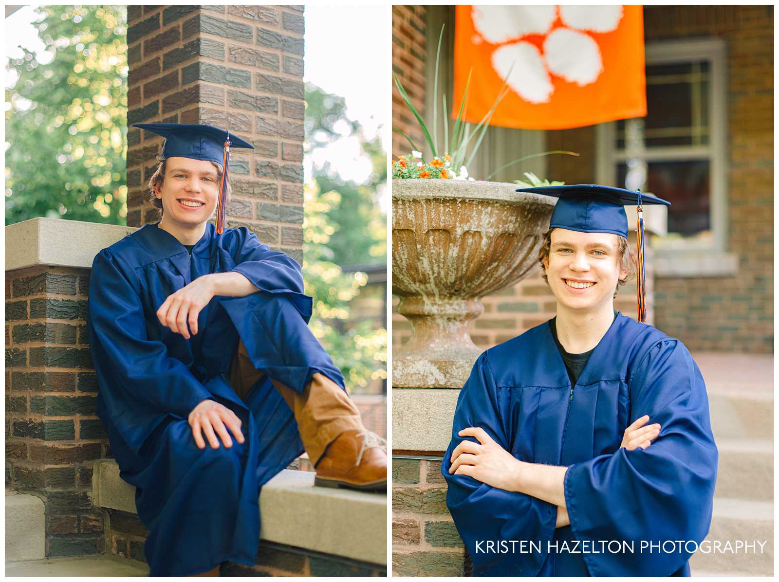 High school senior guy sitting on a brick wall outside of his house. 