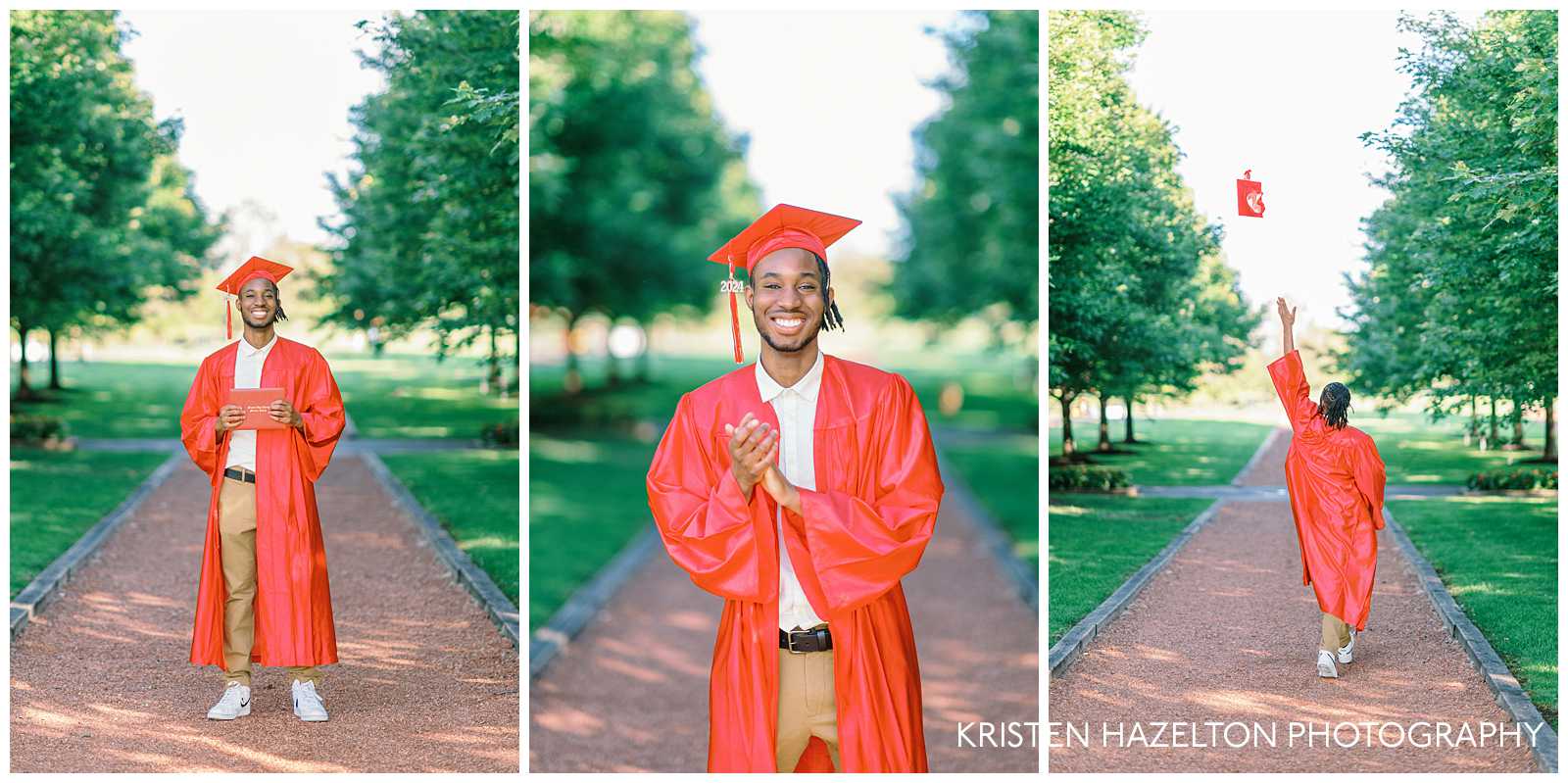 Posing tips for men: a high school senior guy poses with his diploma and throws his cap in the air.