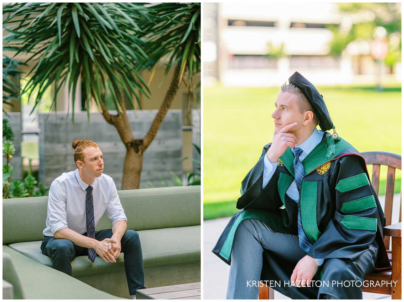 Posing for men: two graduates demonstrating seated poses