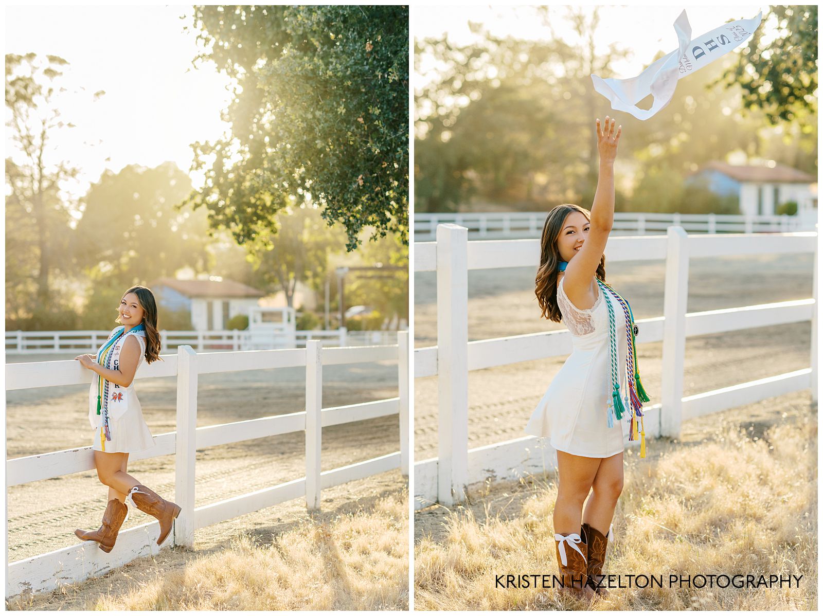 Graduation photos without the cap and gown: a girl in a white sundress poses with her stole and cords.
