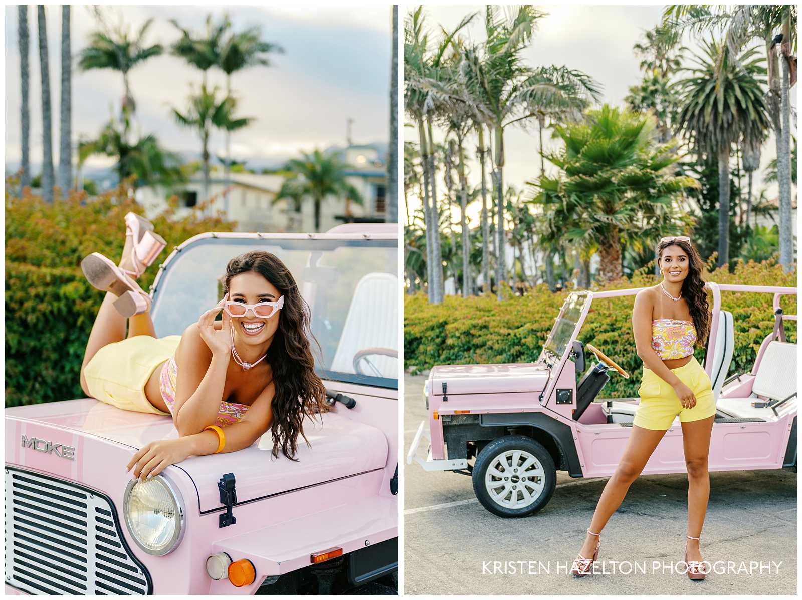 Girl lying on the hood of a pink car