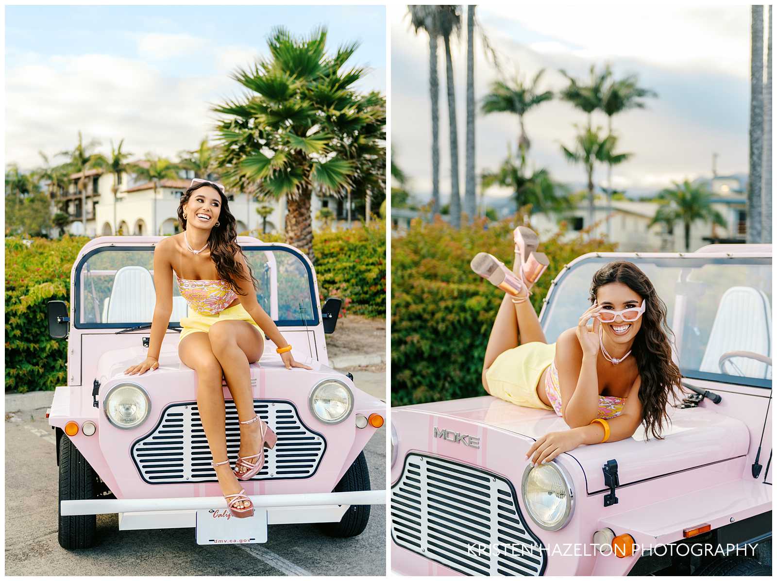 Girl with brown hair and yellow shorts lying on top of the hood of a pink car for her Barbie photoshoot