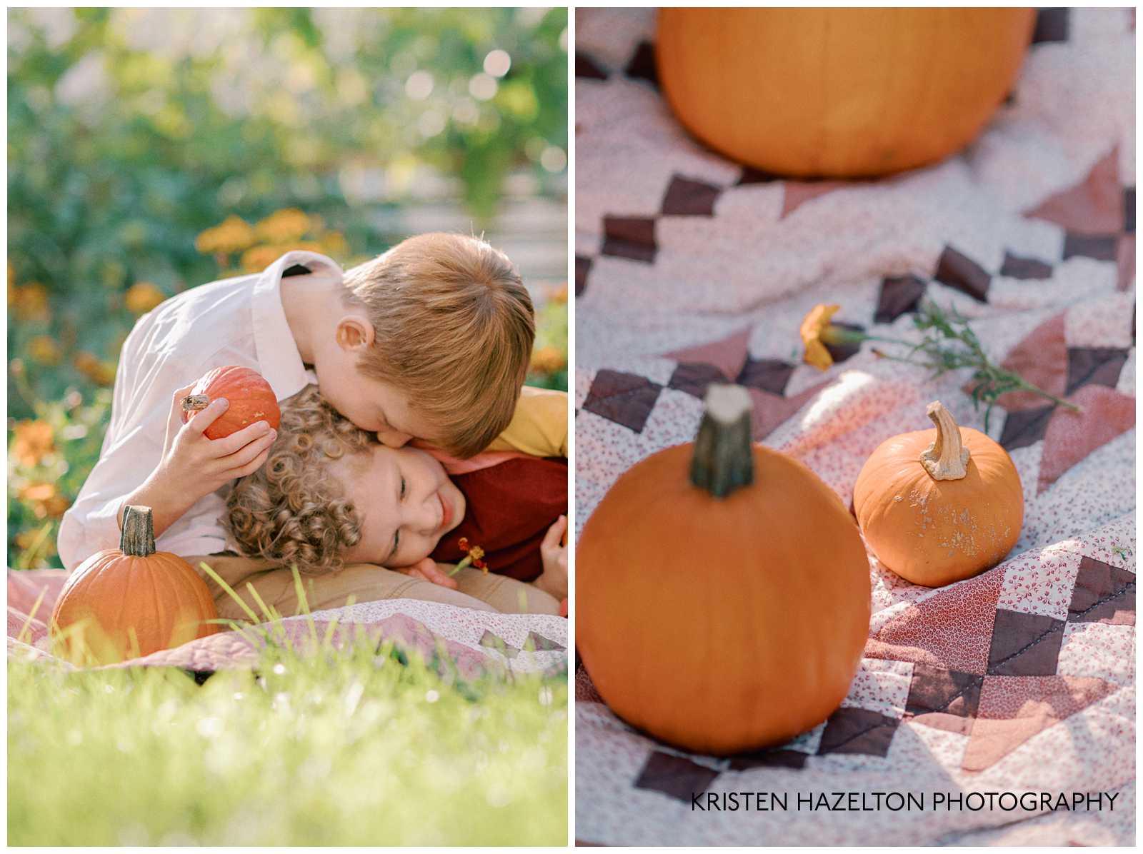 Little girl and boy sitting on a quilt for backyard for fall photos with pumpkins acquired from a pumpkin patch by Chicago.