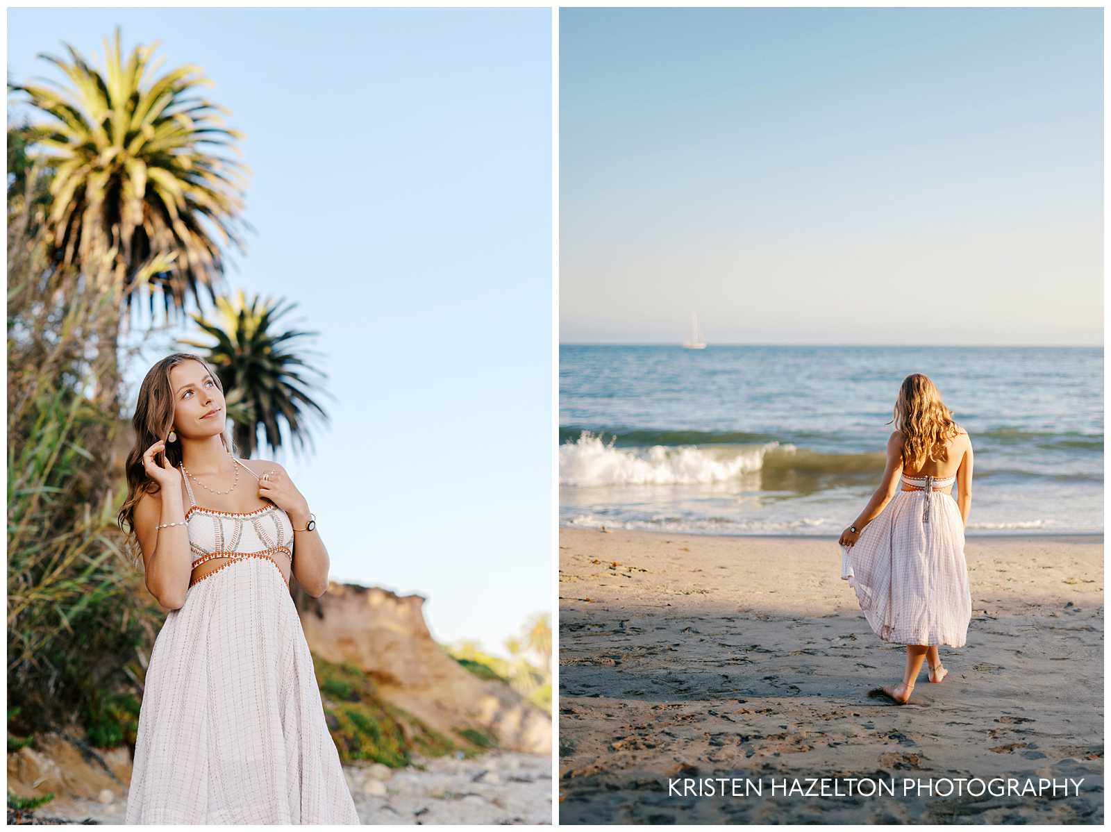 Girl in white dress walking along the beach in Santa Barbara