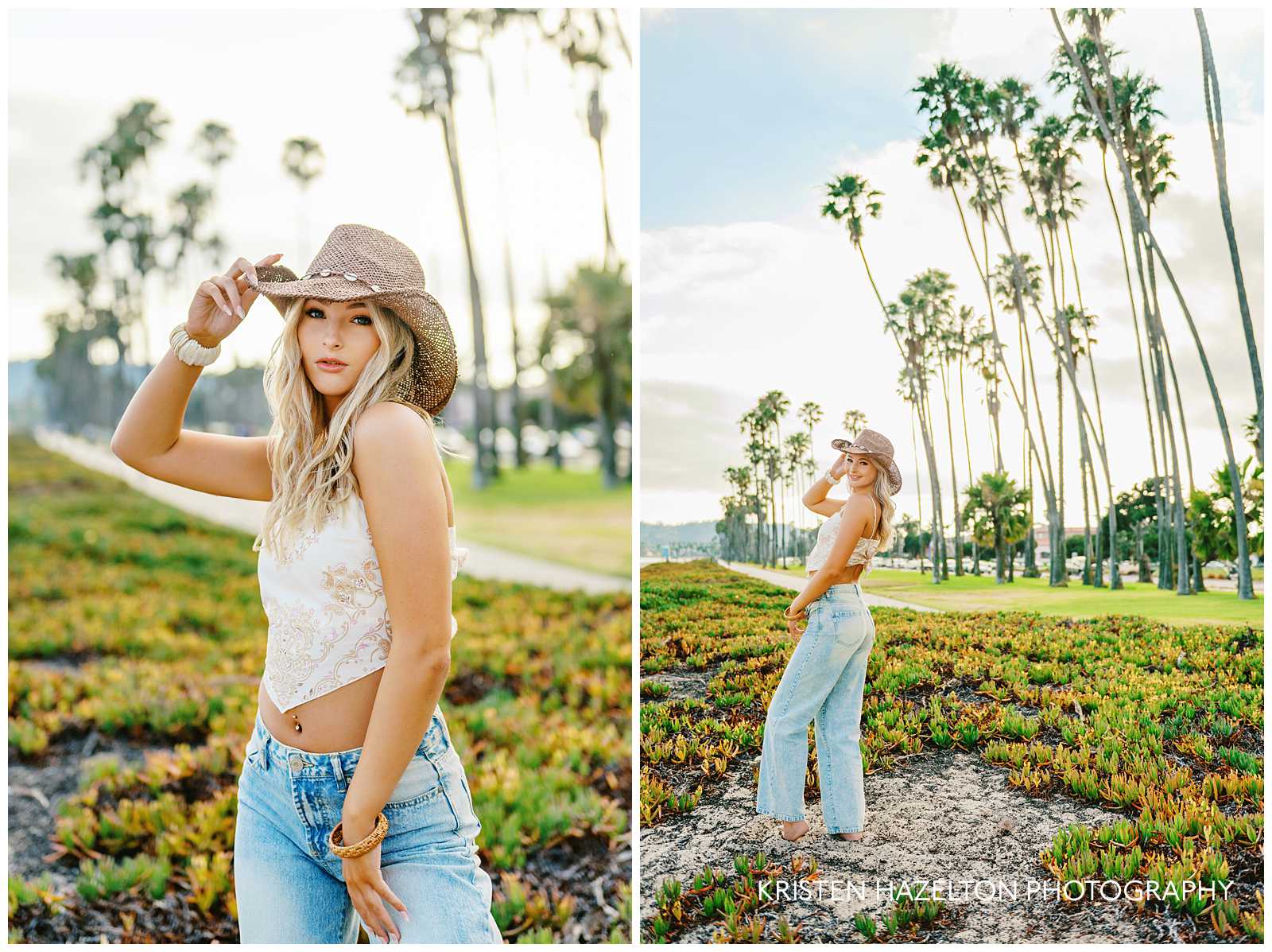 High school senior girl leaning forward while tipping the brim of her hat for her coastal cowgirl photoshoot