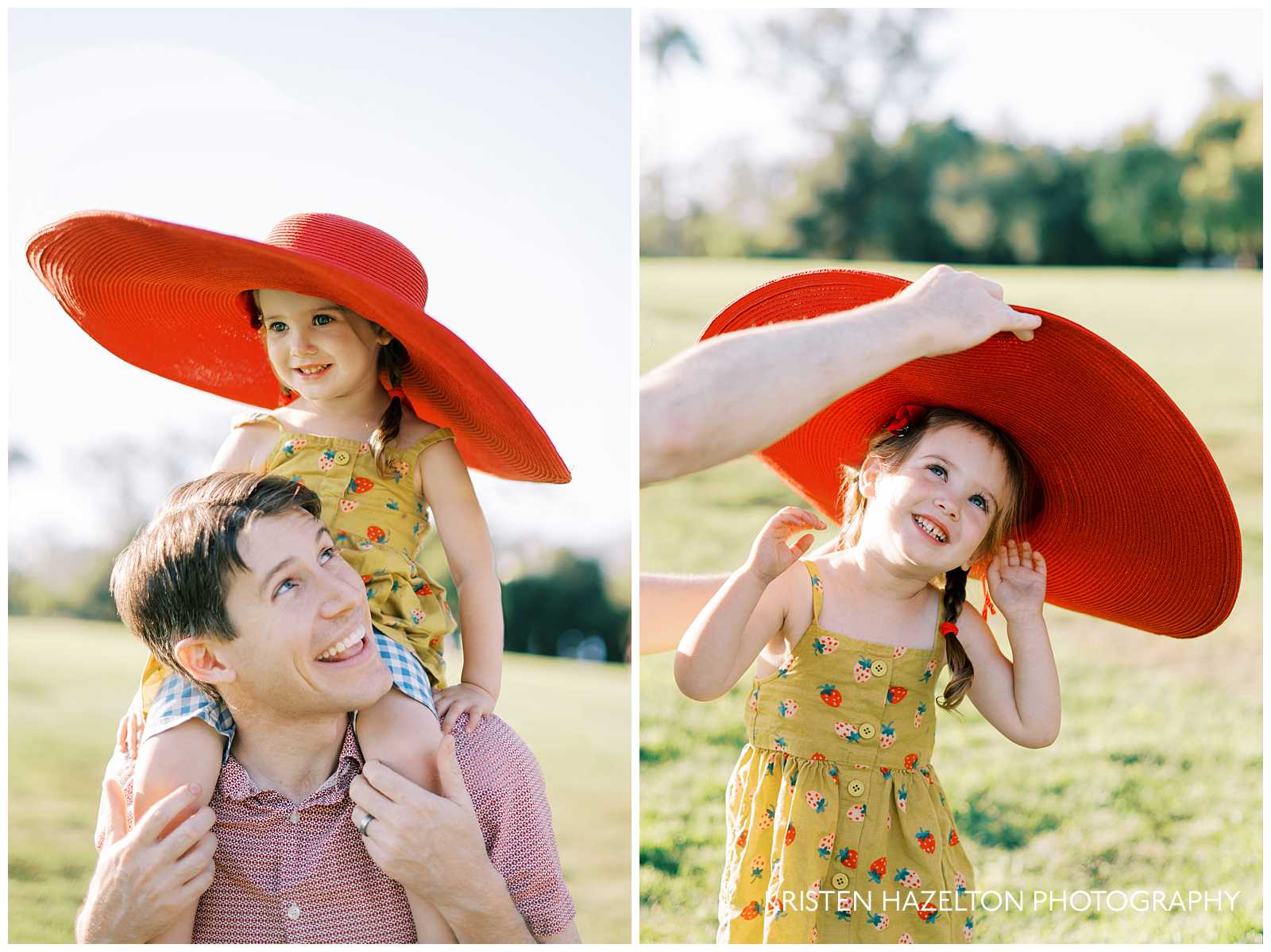 Dad playing with his daughter who is wearing an oversized red sunhat