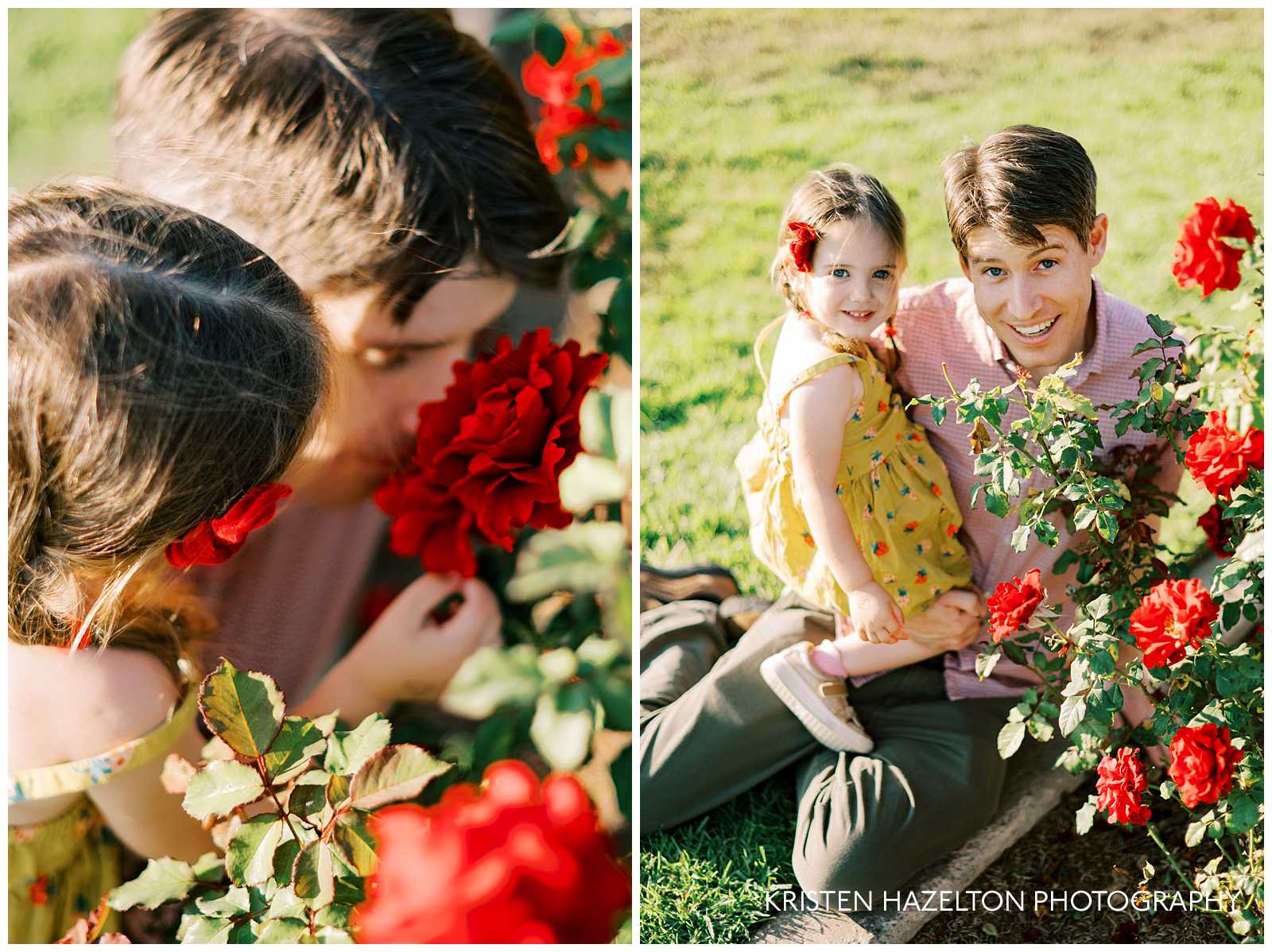 Dad and toddler daughter smelling roses