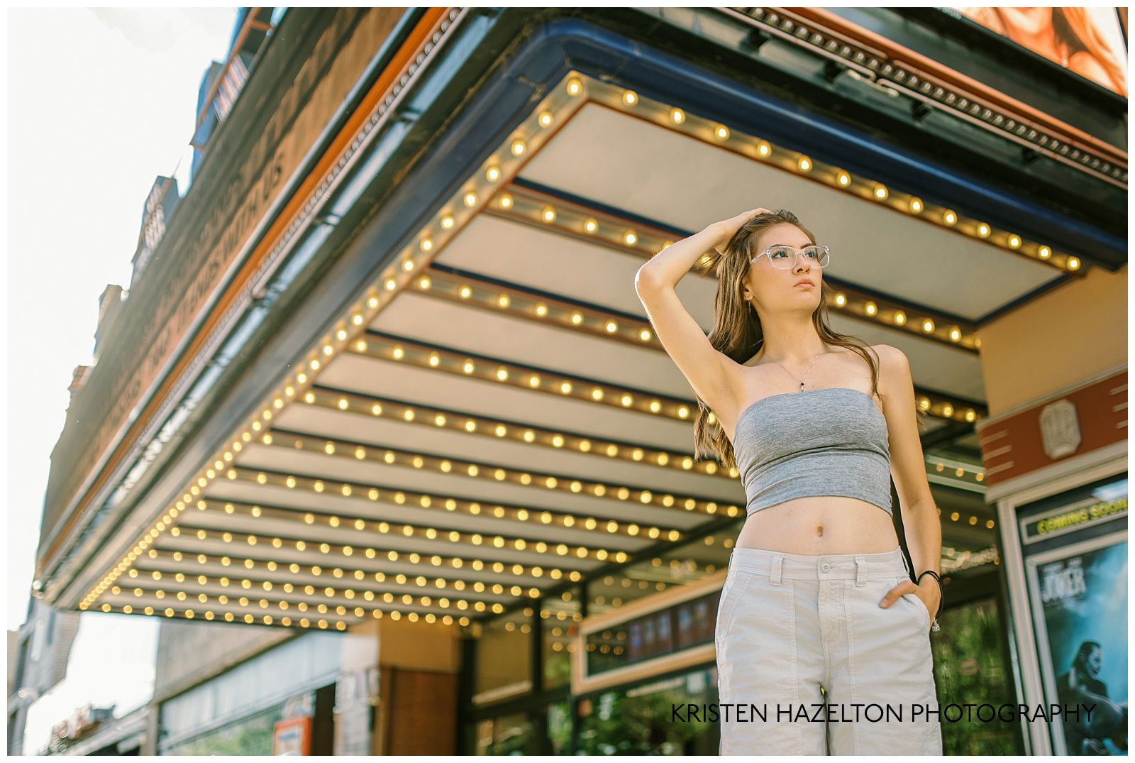 Oak Park, IL high school senior photos at the Lake Theater in downtown Oak Park