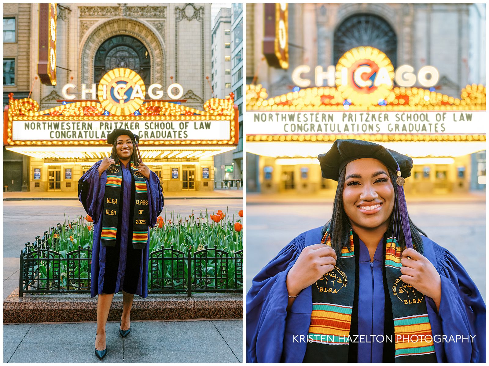 A graduate stands on the sidewalk across the street from the Chicago Theatre