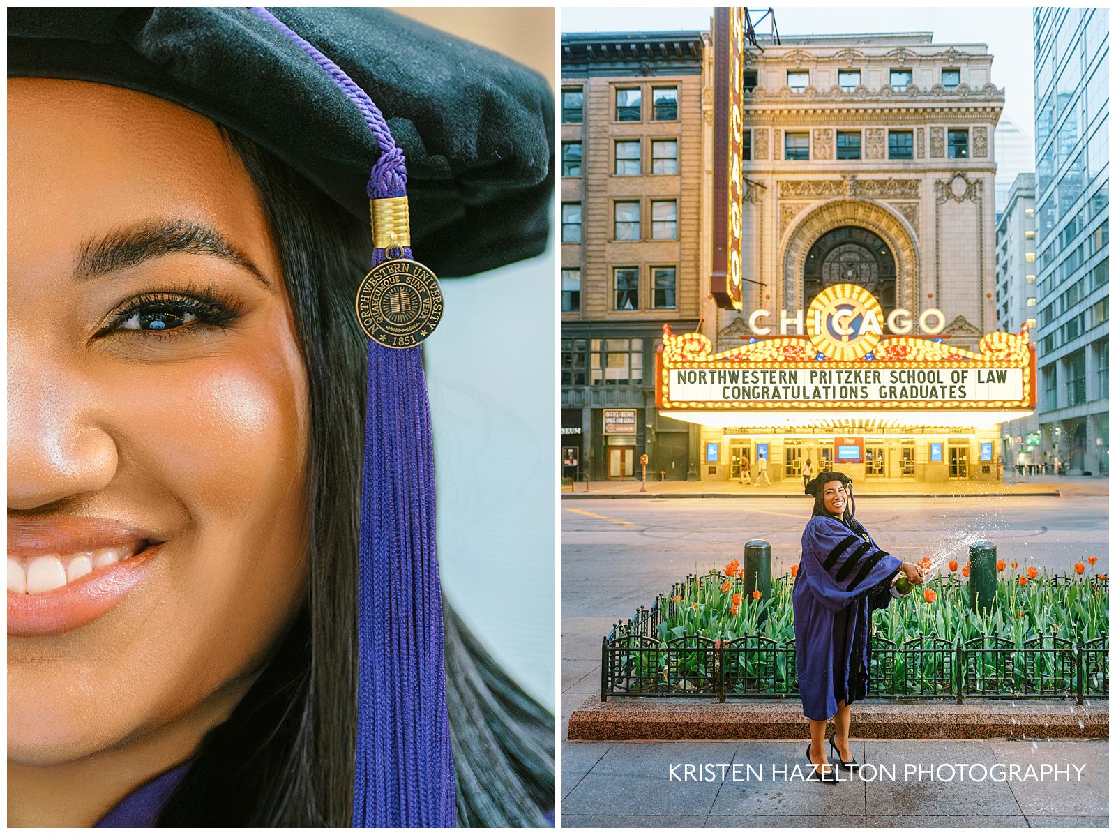 Northwestern graduation portraits with a champagne pop in front of the Chicago Theatre