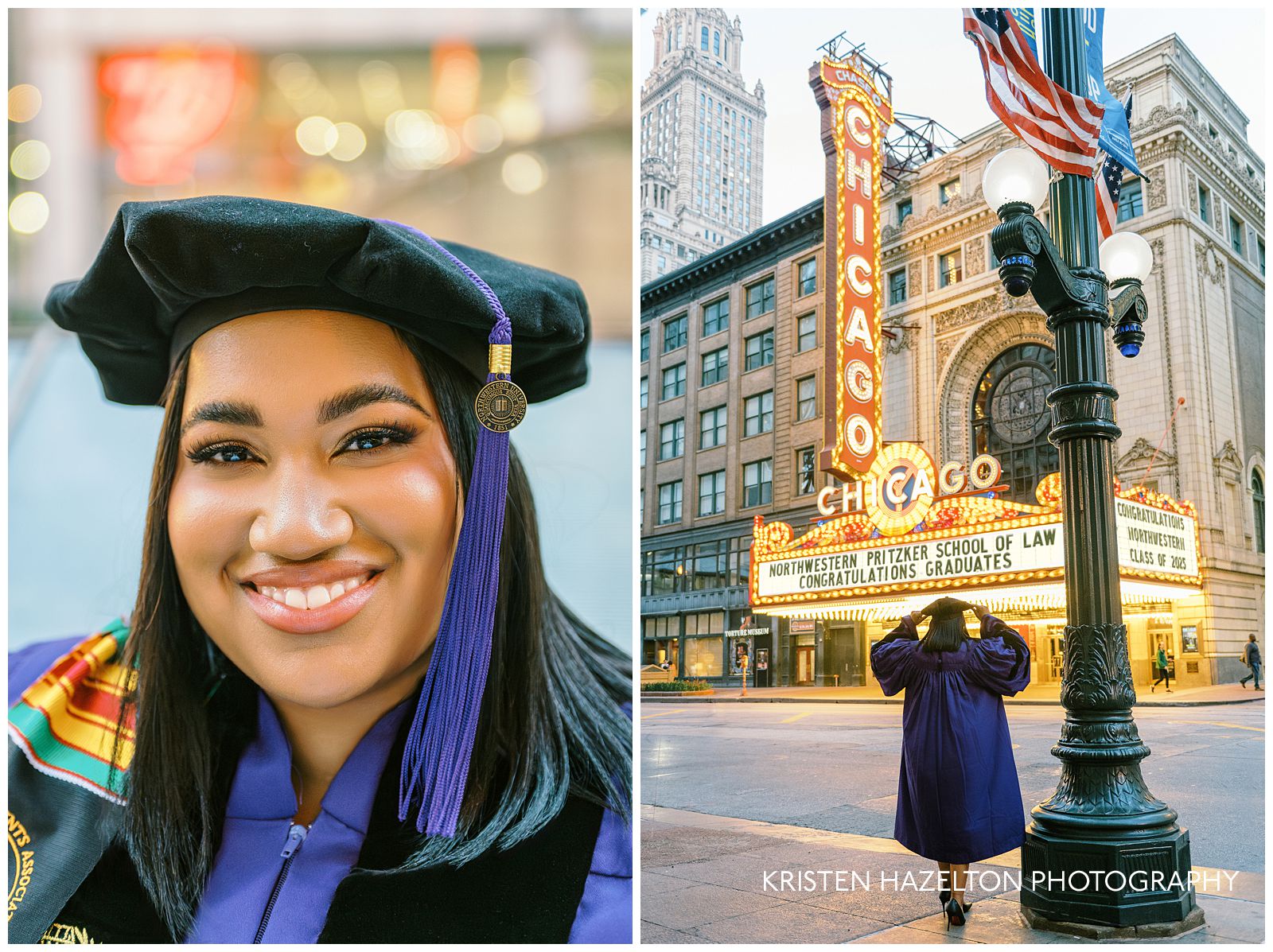 Chicago Theatre photos: a graduate stands in front of the theater marquee