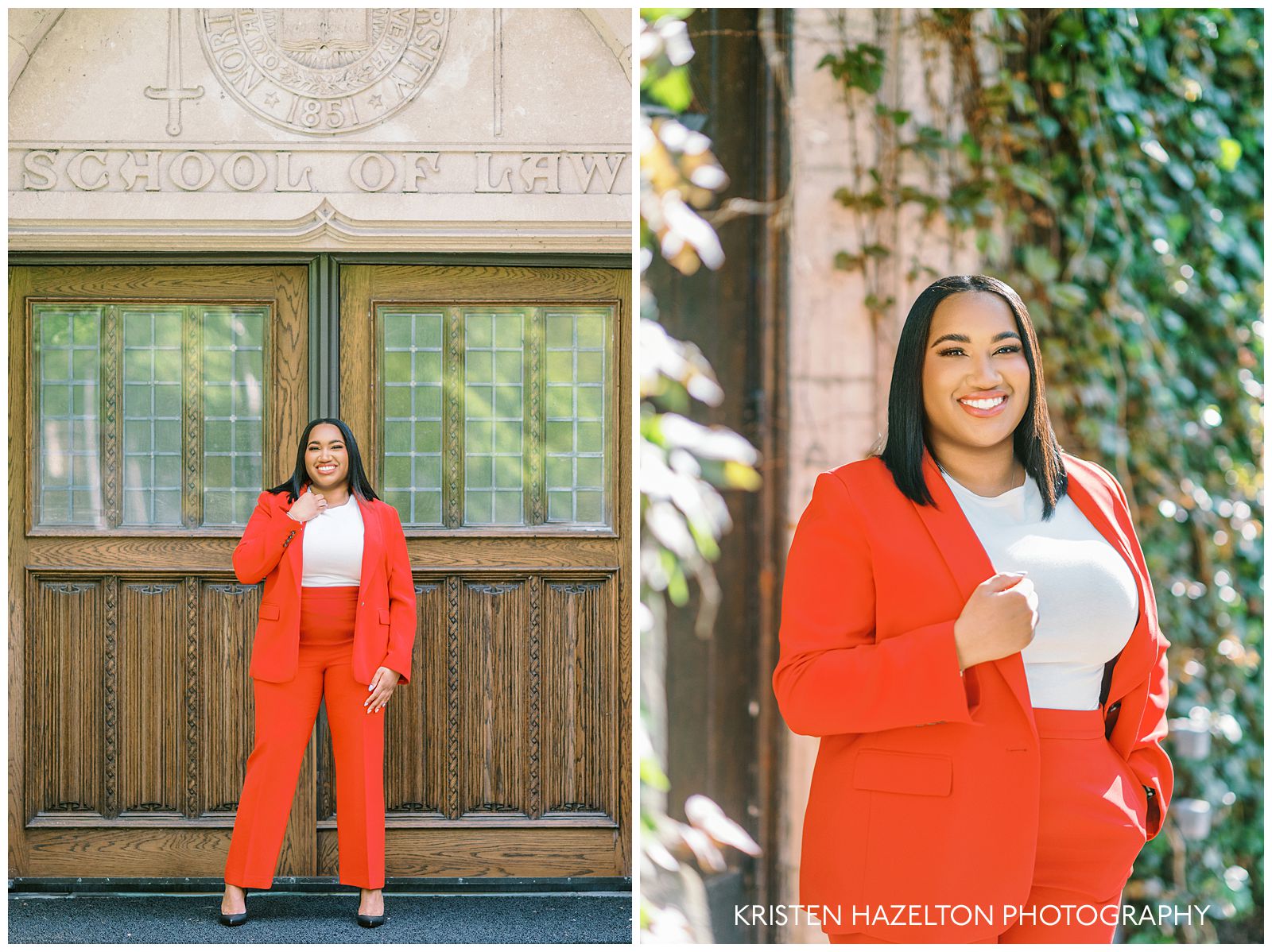 Woman in red suit with white shirt stands in front of a door labeled School of Law at the Pritzker School of Law campus in downtown Chicago