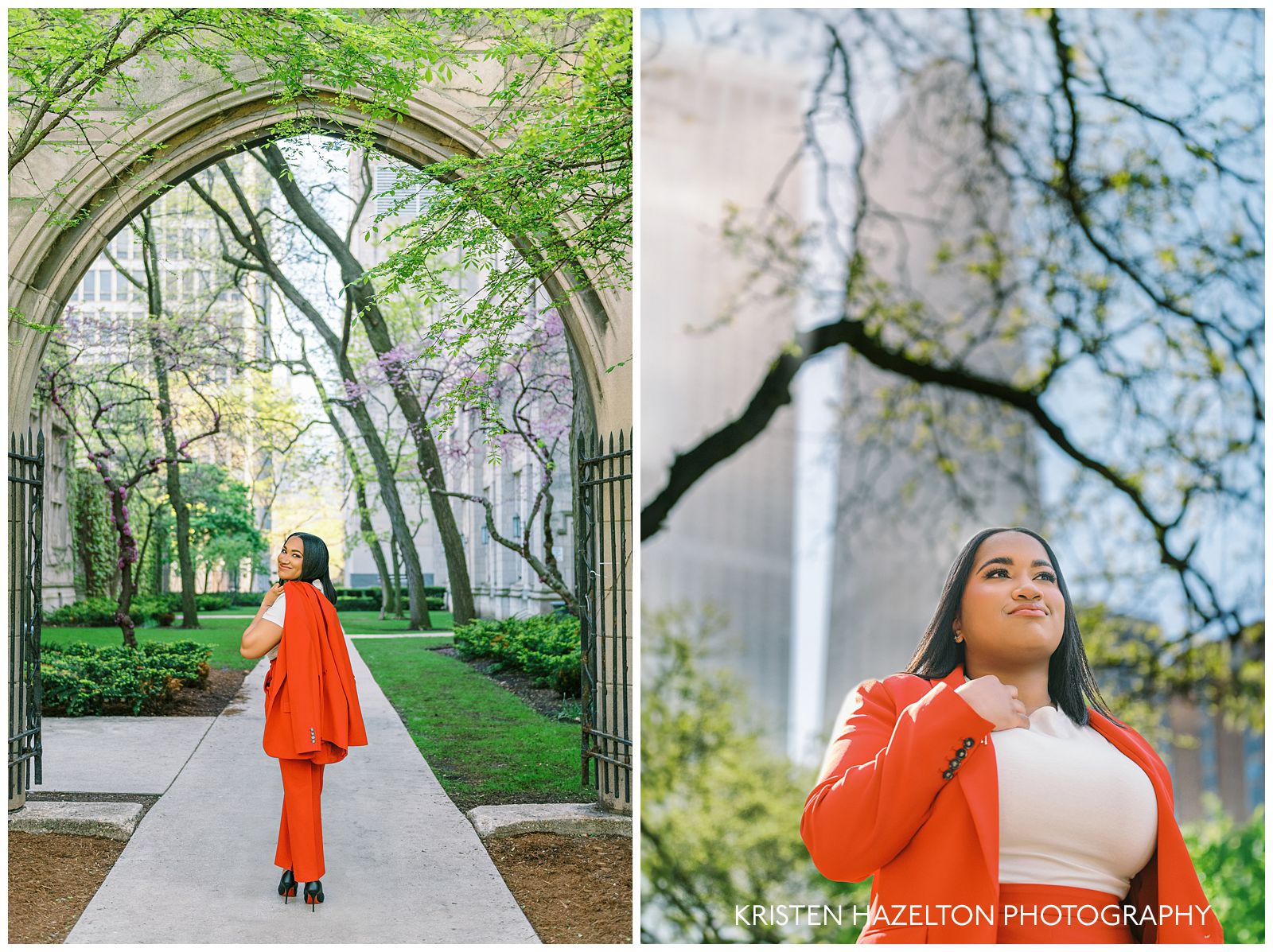 Northwestern graduation portraits at the Pritzker School of Law campus under the archway.