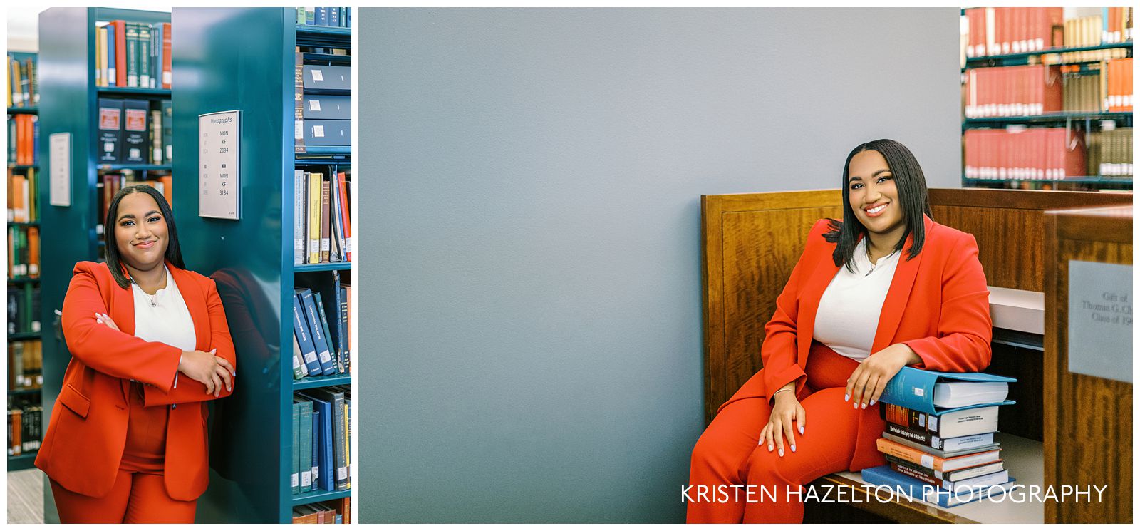 Woman in red suit leaning against books at the Northwestern law library at the Pritzker campus