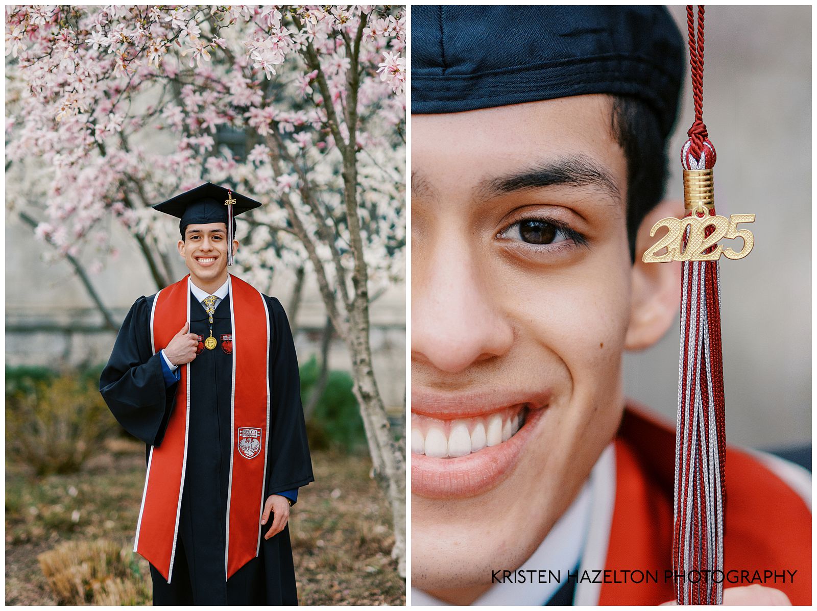 Graduate wearing a cap and gown and standing in front of a magnolia tree