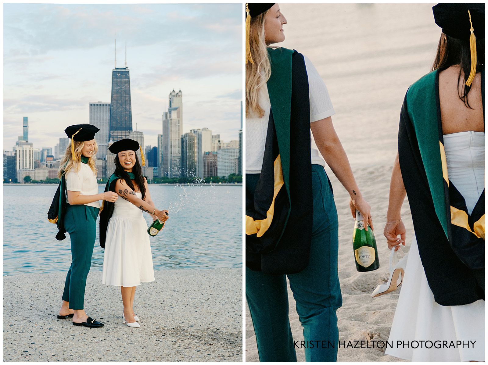 Two graduates popping a bottle of champagne in front of the Chicago city skyline