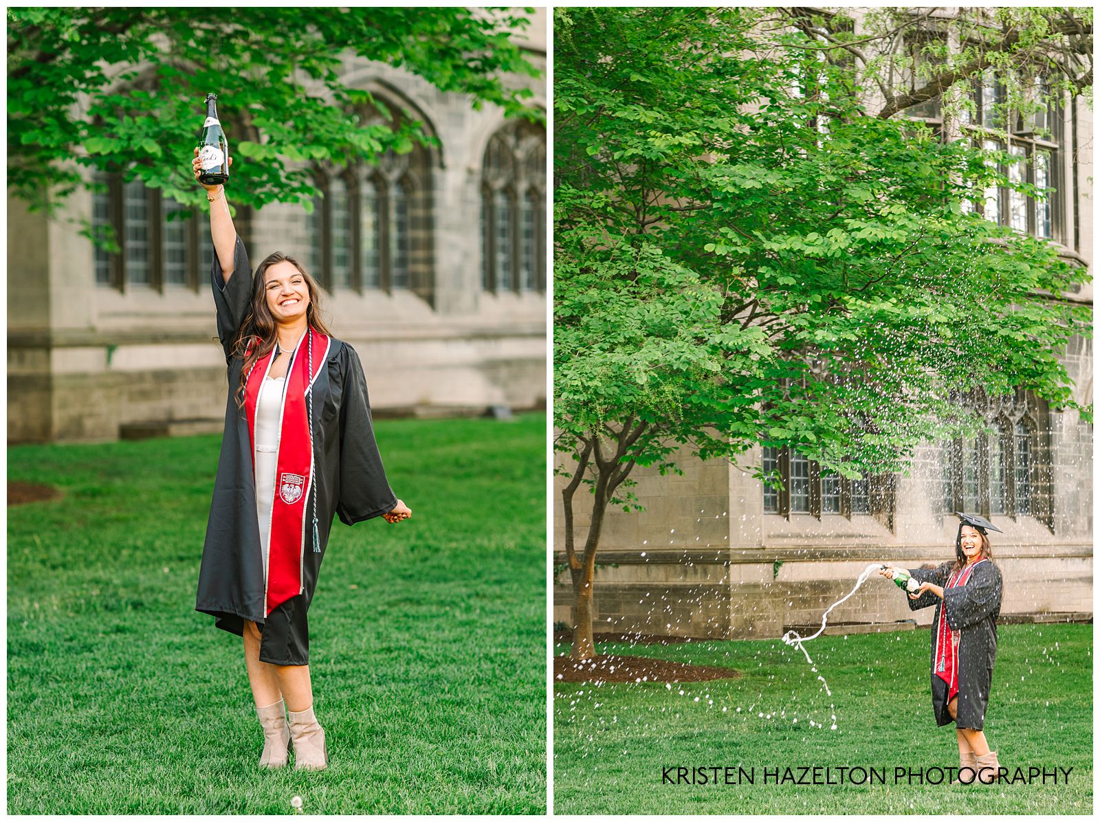 Graduate demonstrating how to pop a champagne bottle for a photoshoot