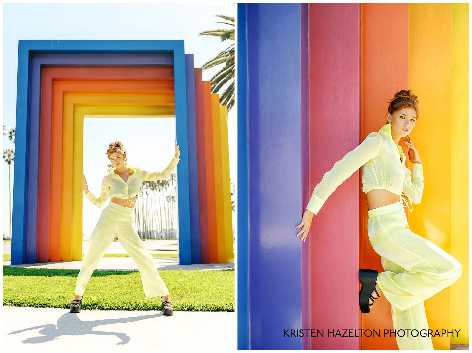 Redheaded model wearing a butter yellow linen outfit for her Chromatic gate photos along the Santa Barbara, CA beachfront