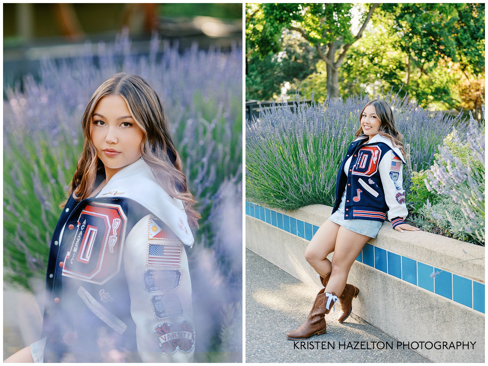 High school senior girl wearing a varsity jacket for her Gardens at Heather Farm photos