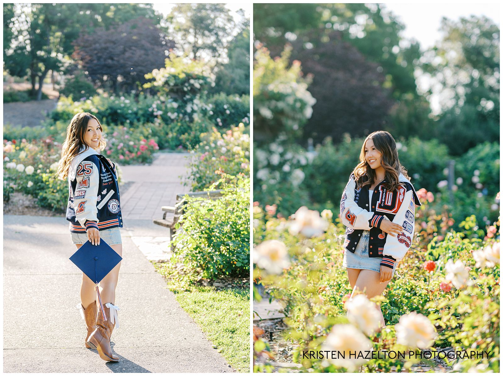 High school senior girl wearing a varsity jacket and holding a graduation cap for her photoshoot at the Gardens at Heather Farms in Walnut Creek, CA