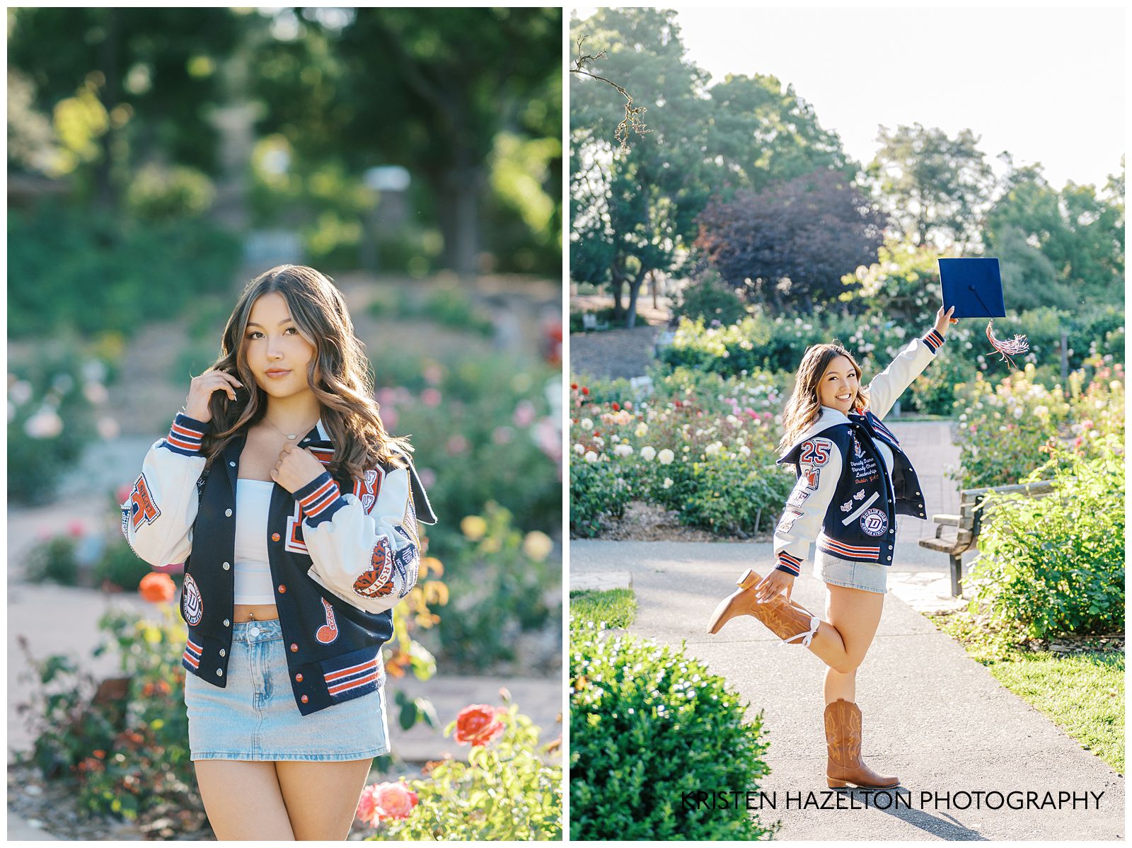 High school senior girl wearing a varsity jacket and holding a graduation cap for her photoshoot at the Gardens at Heather Farms in Walnut Creek, CA