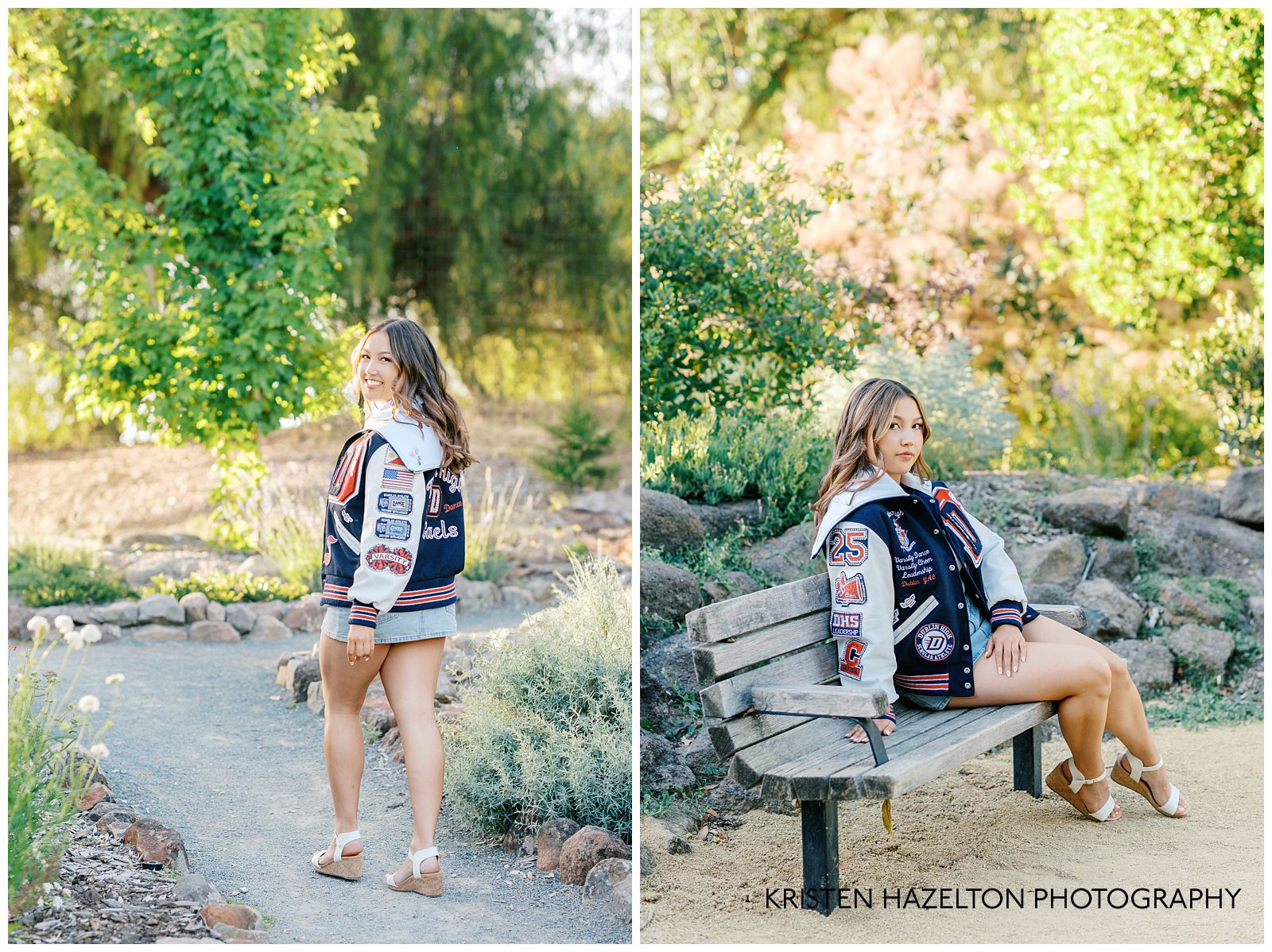 High school senior girl wearing a varsity jacket for her Gardens at Heather Farm photos