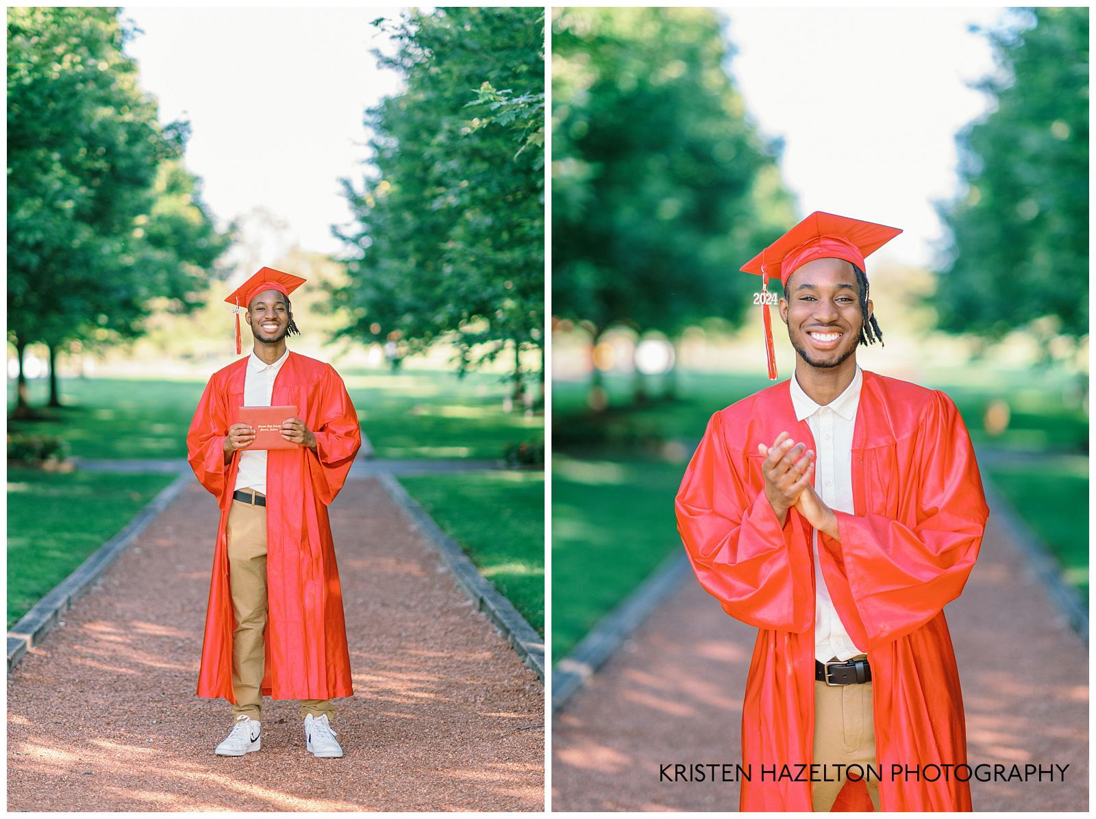 High school senior wearing a red cap and gown by Indiana graduation photographer Kristen Hazelton