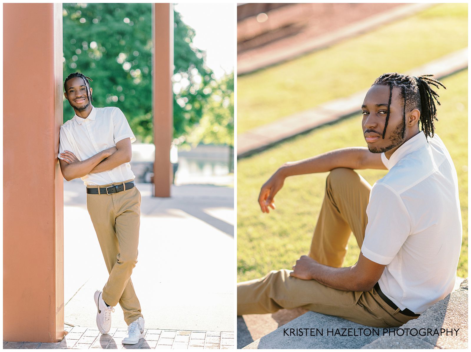 A male high school senior with locs stands against a pillar for his portraits by Indiana senior photographer Kristen Hazelton