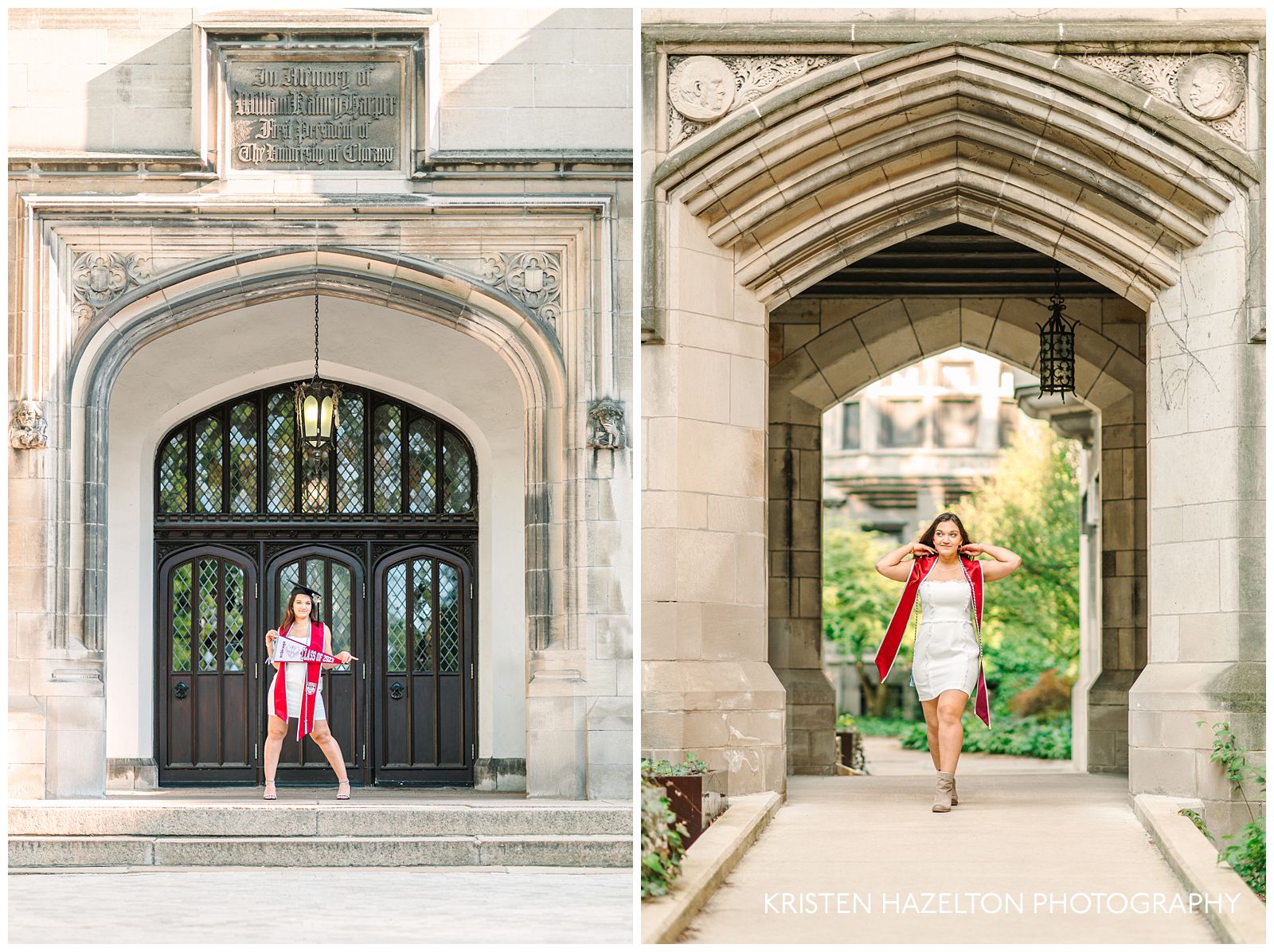 University of Chicago graduation photos in front of Harper Library.