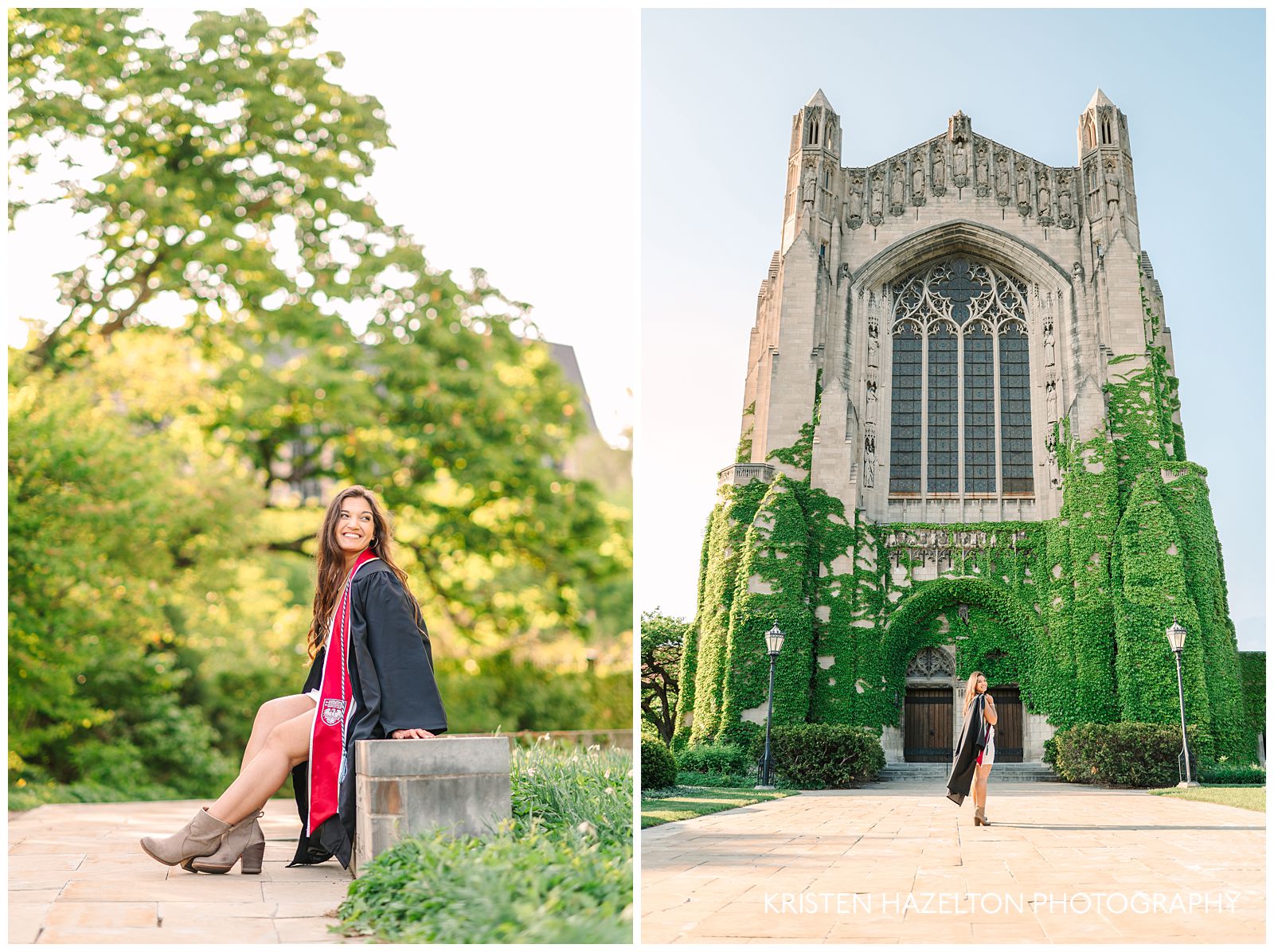 UChicago grad photos in front of Rockefeller Chapel