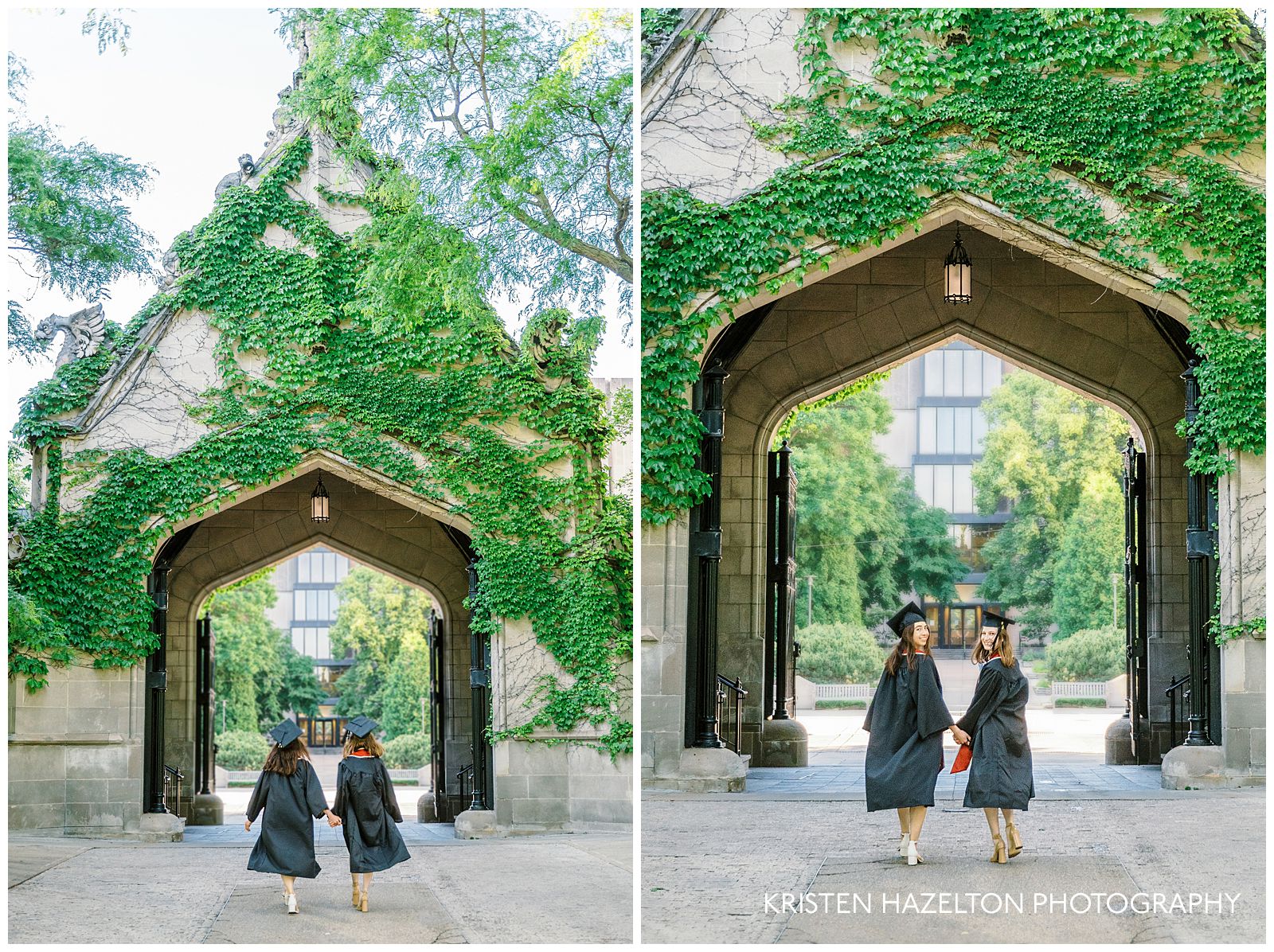 Two University of Chicago graduates walking in front of Cobb Gate for their UChicago grad photos.